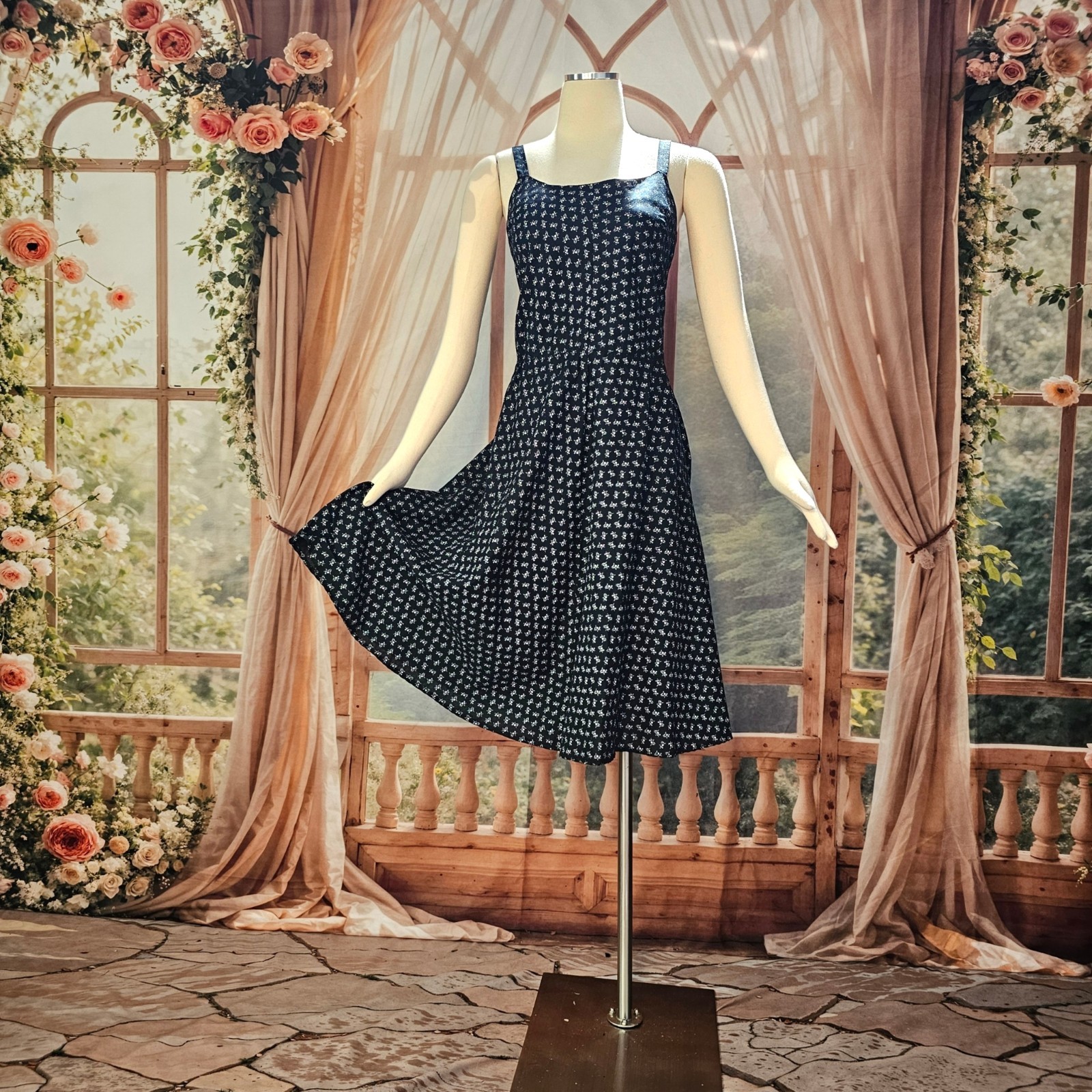 Vintage 1970s Dress Sundress Sleeveless Black White Calico Floral Print Boho