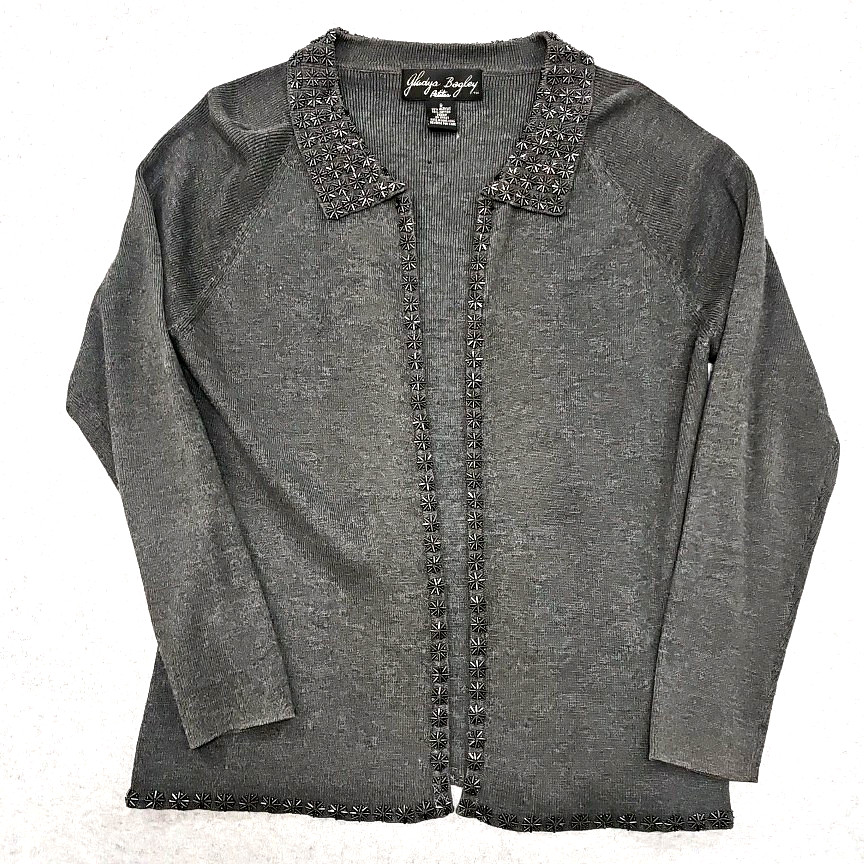 Gladys Bagley Sweater cardigan gray embellished dressy size petite s open front