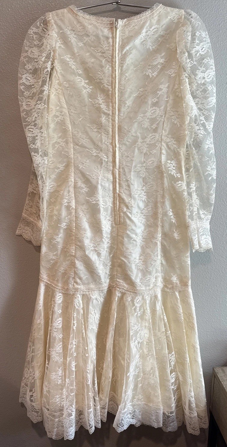 Vintage Handmade Ivory Mermaid Style Drop Waist Wedding Dress Lace Pearl S/M