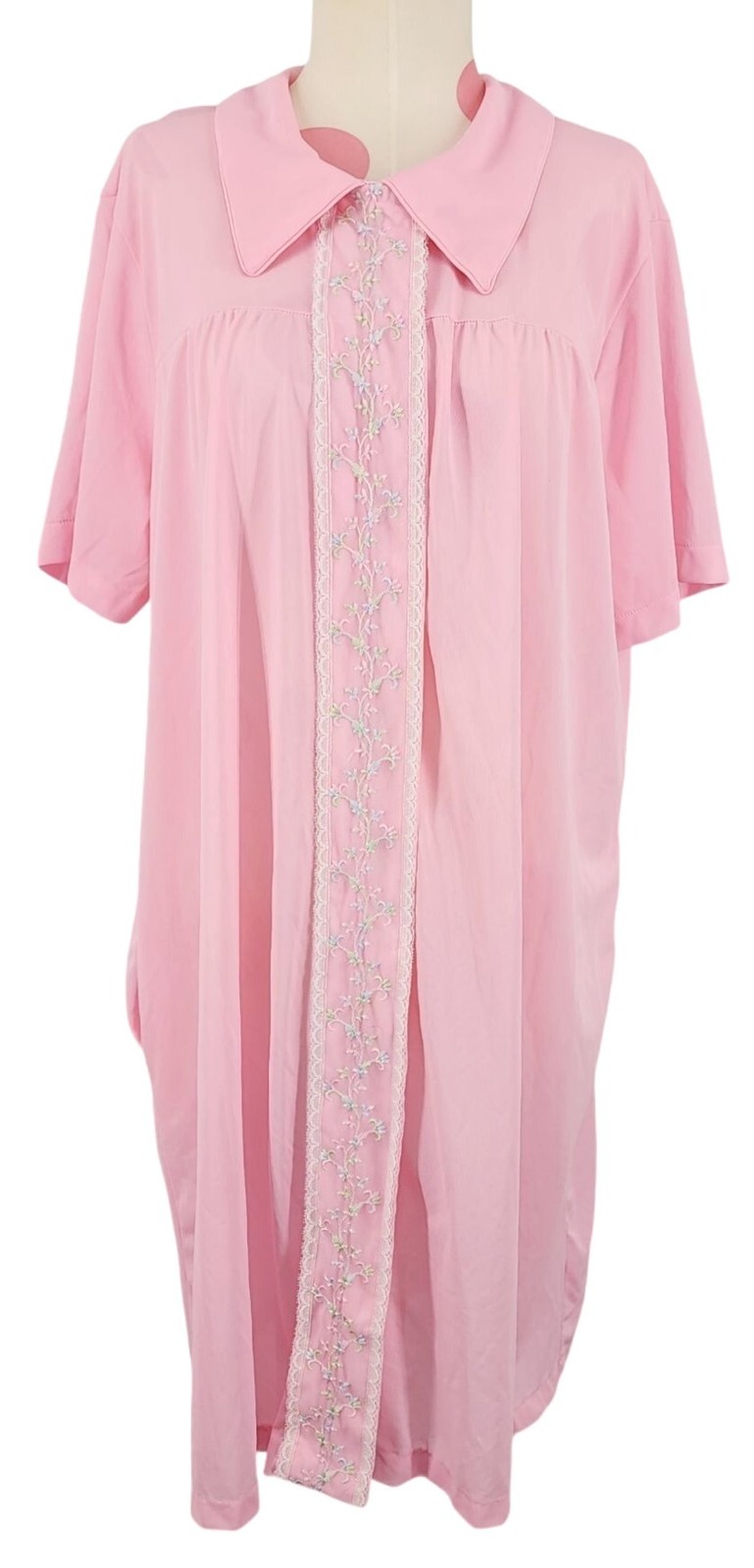 Vintage Women’s Katz Pink Embroidered Snap Front Robe House Coat Lrg Nylon PJ’s