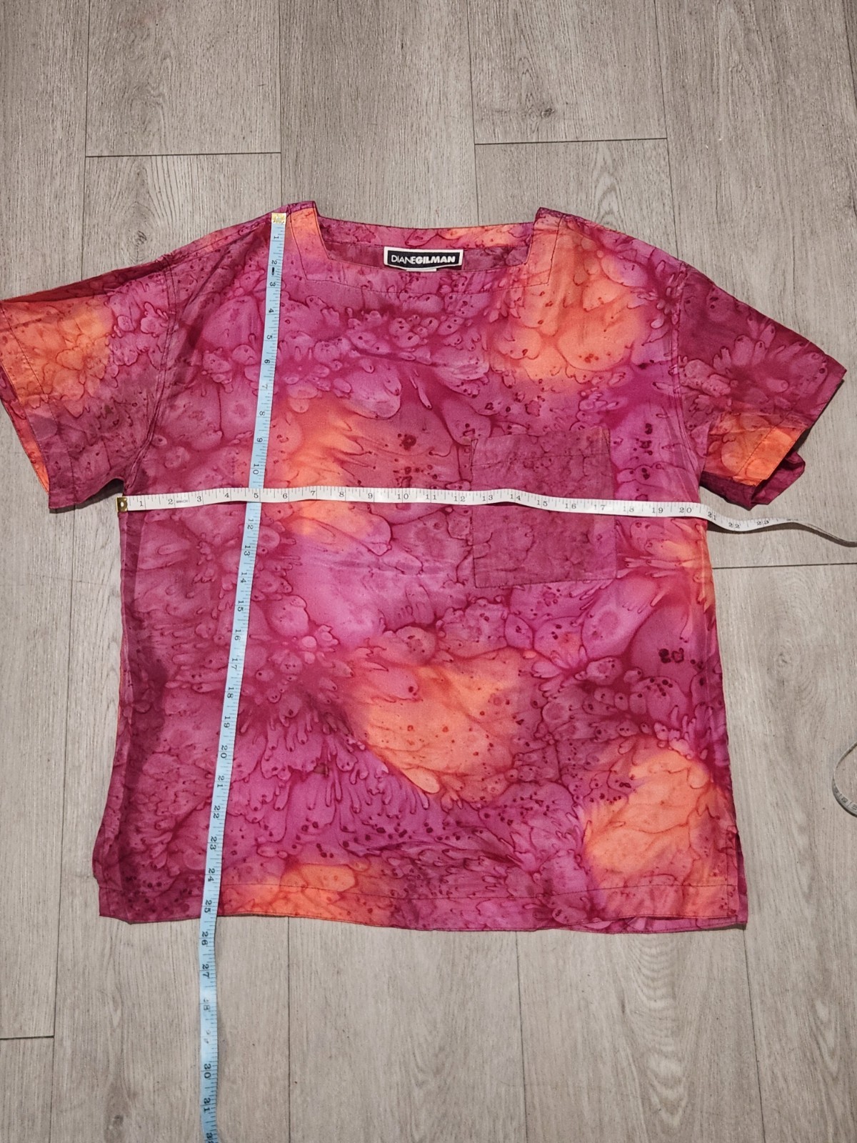 Vintage Diane Gilman Silk Blouse Tie Dye Splash Print Short Sleeve Pocket