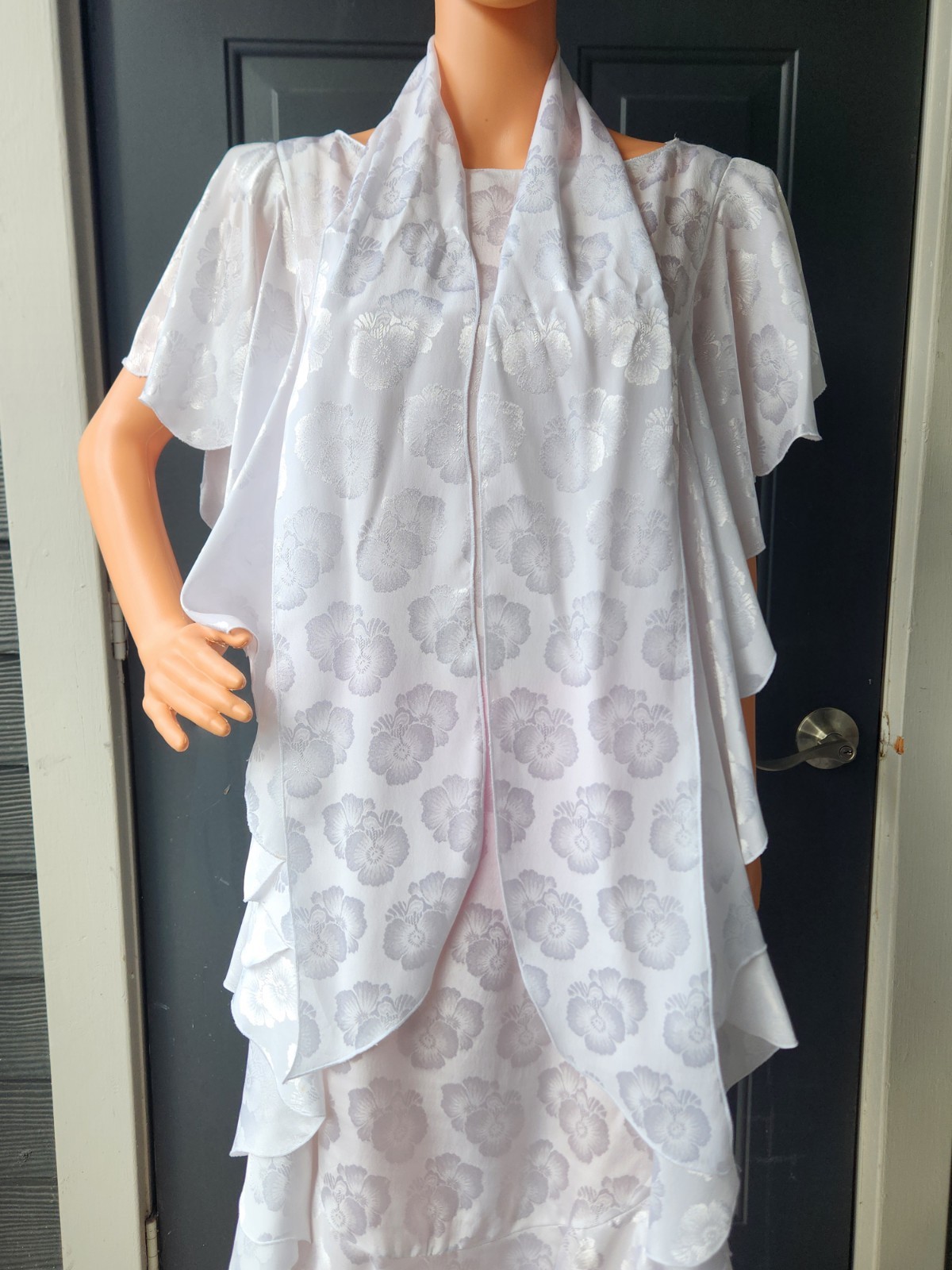 Vintage Miss Ashlee White Floral Jacquard Pattern Ruffle Dress & Scarf Tie Sz 8