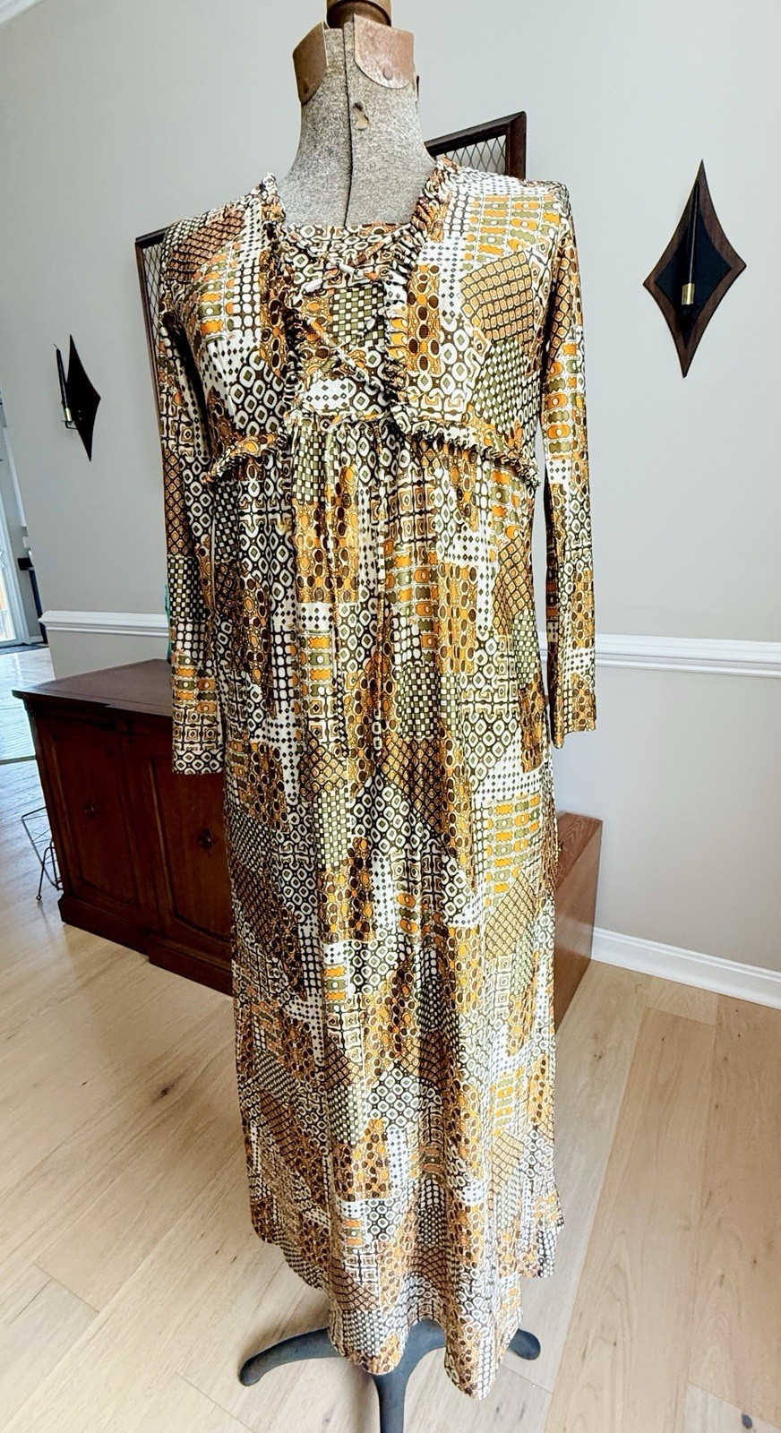 Vintage 70s Funky Print Brown And Orange Lace Up Midi Dress Size S