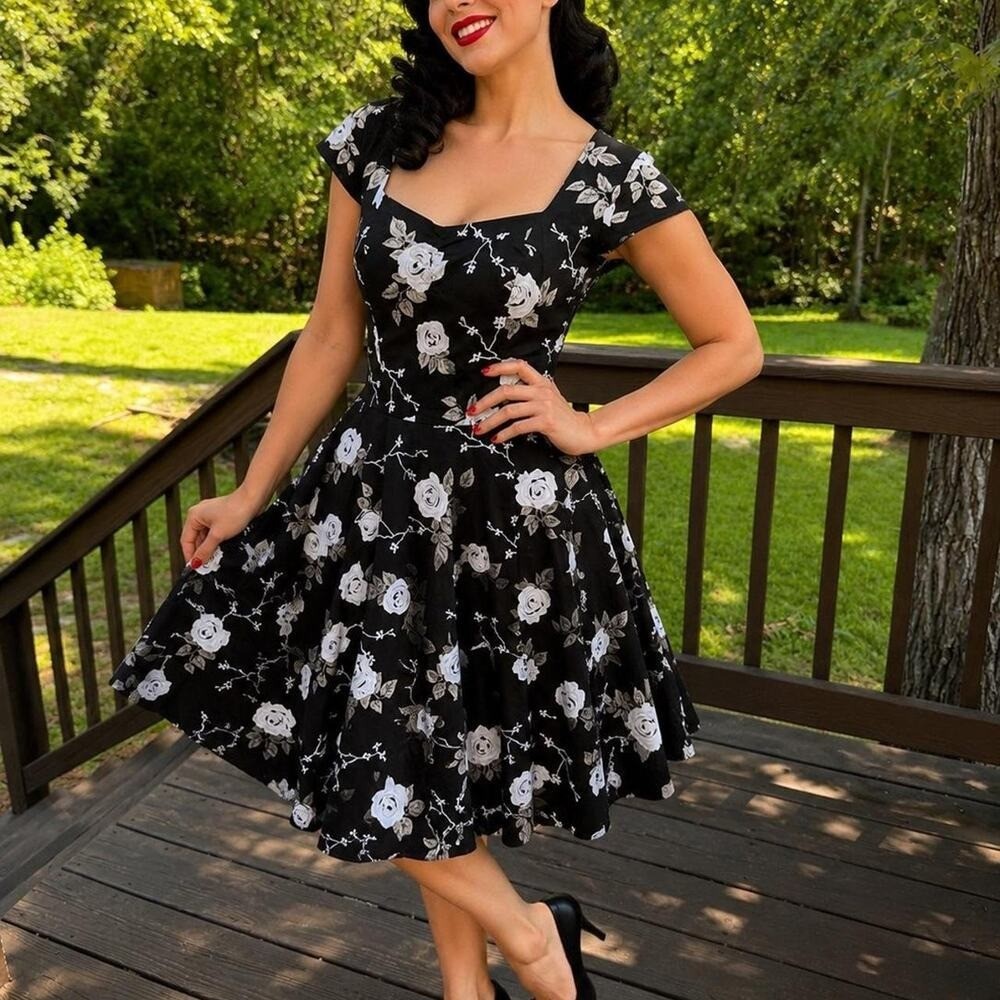 Hell Bunny Vixen Pixie Dress Gothic Cottagecore Pin-Up Floral Dress Whimsy goth
