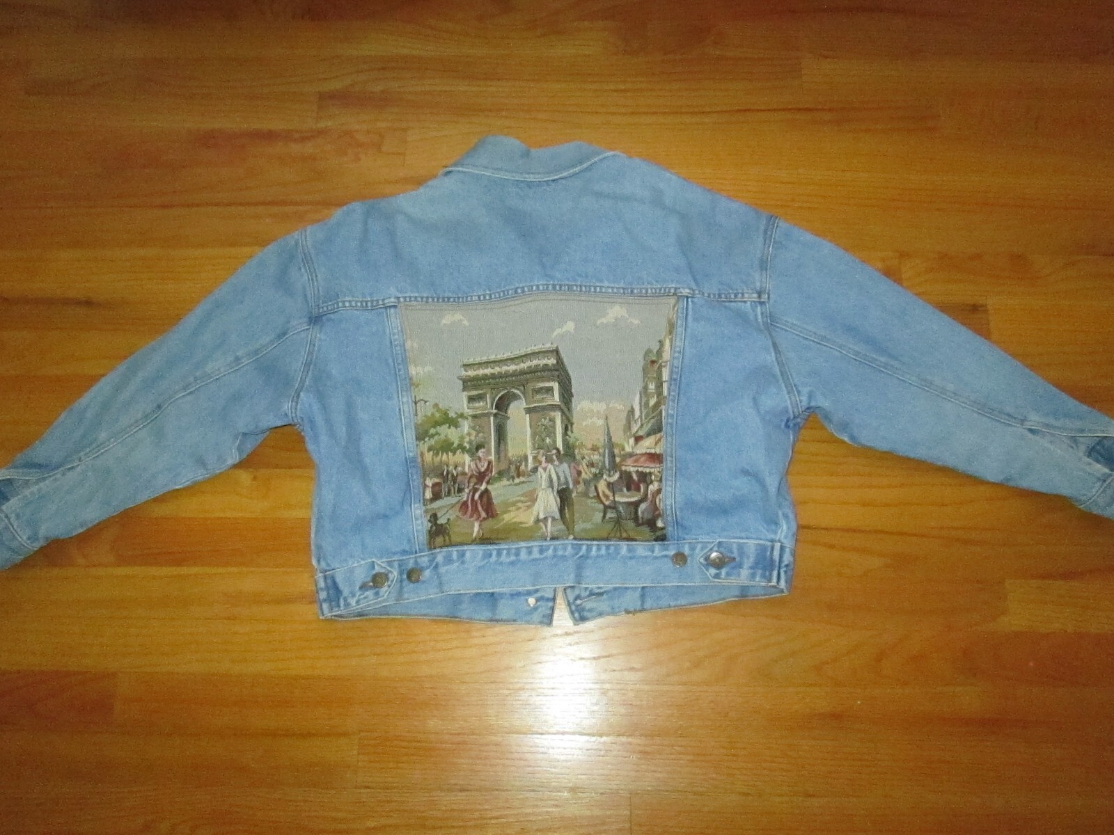 KAREN KANE Vtg 90s Arc de Triomphe Tapestry Custom Denim Jean Jacket LADIES USA