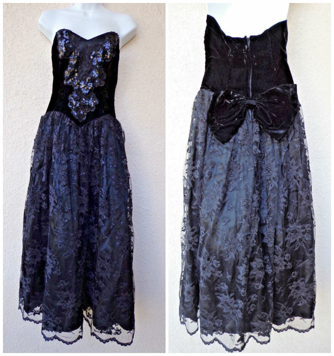 VTG 80s PROM DRESS Strapless Lace Tulle Velvet HUGE BOW Sequins Full Skirt NWT