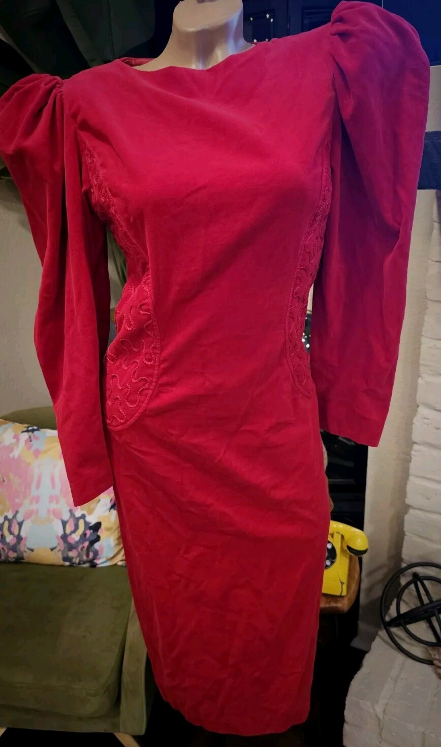 Vintage Barboglio Cristina Jan 80s Red Velvet Dress Size 8 Puffed Sleeves