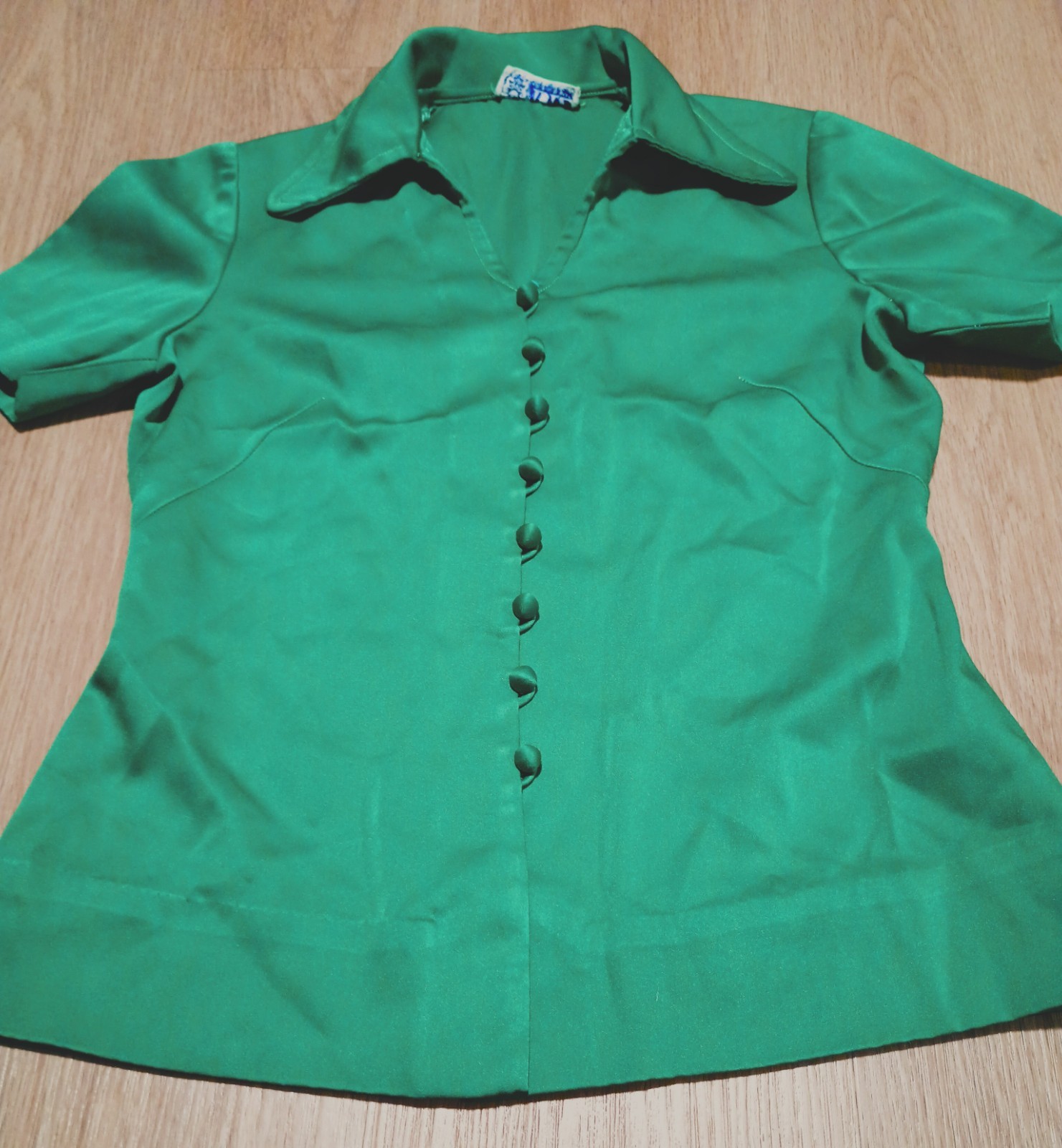 Vtg 60s LIZ Kelly Green Fitted Blouse Button Down Top MOD Career Business S