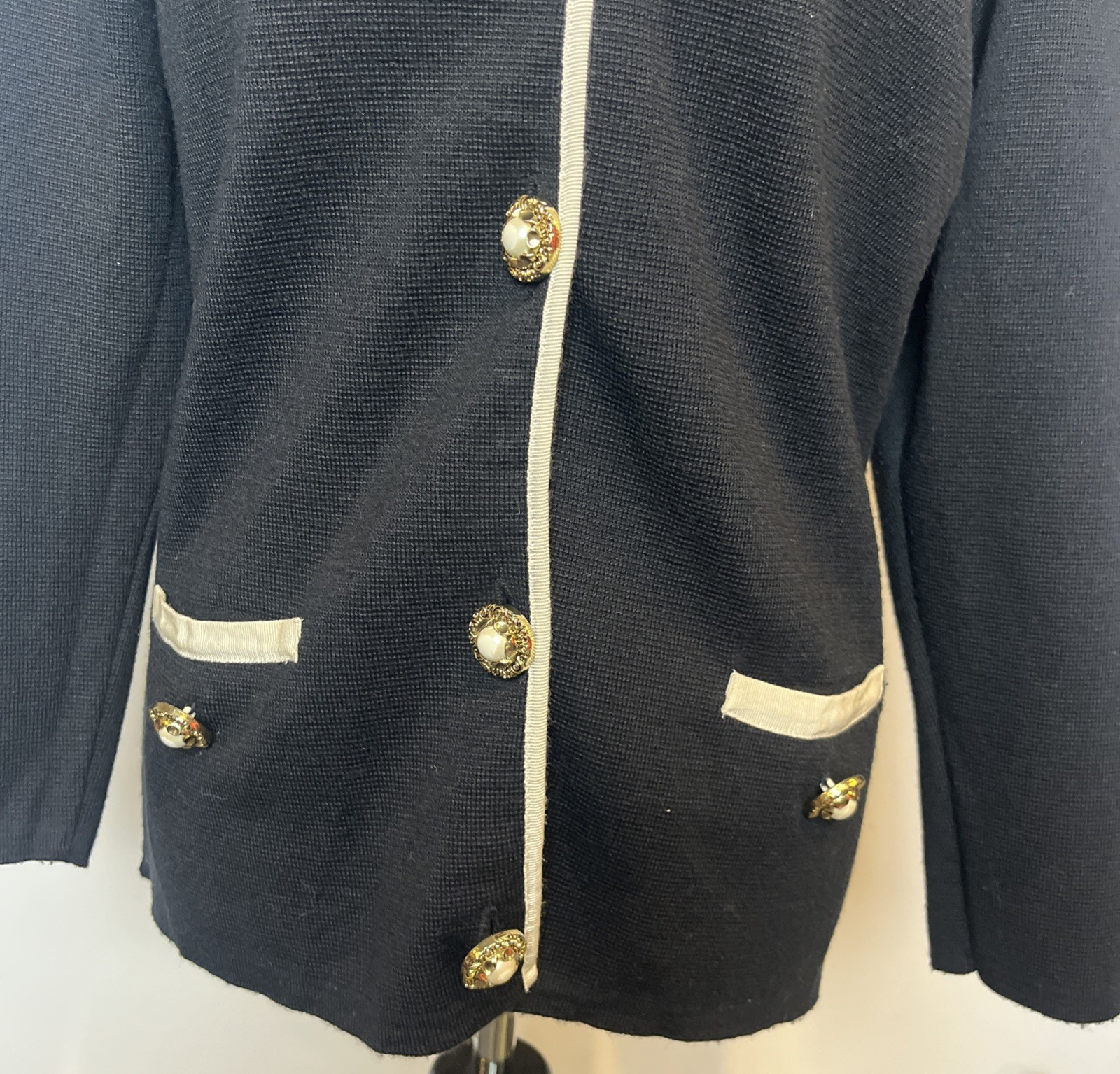 90s Preppy Black w/ White Trim Knit Longsleeve , Gold Buttons, Size S