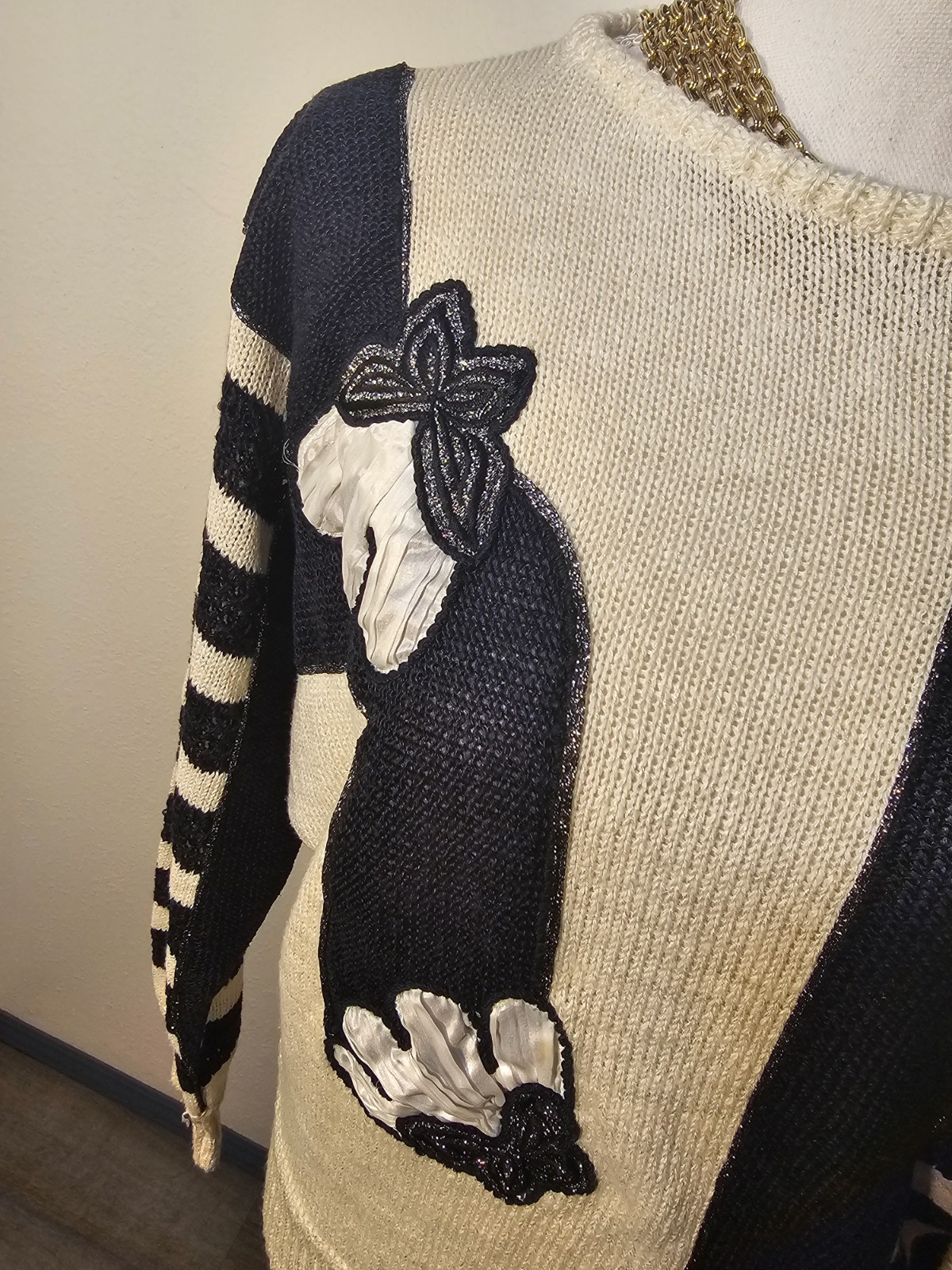 Vintage Dino Valiano Womens Italian Knit Sweater Cream Black Linen Blend Size M