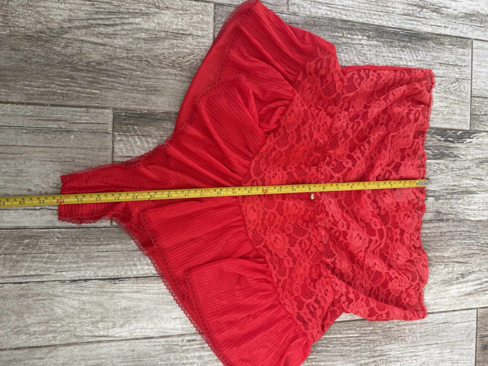 Vtg Strapless Sheer Red Lace Nylon Romper Negligee Lingerie Pleated Skirt XL