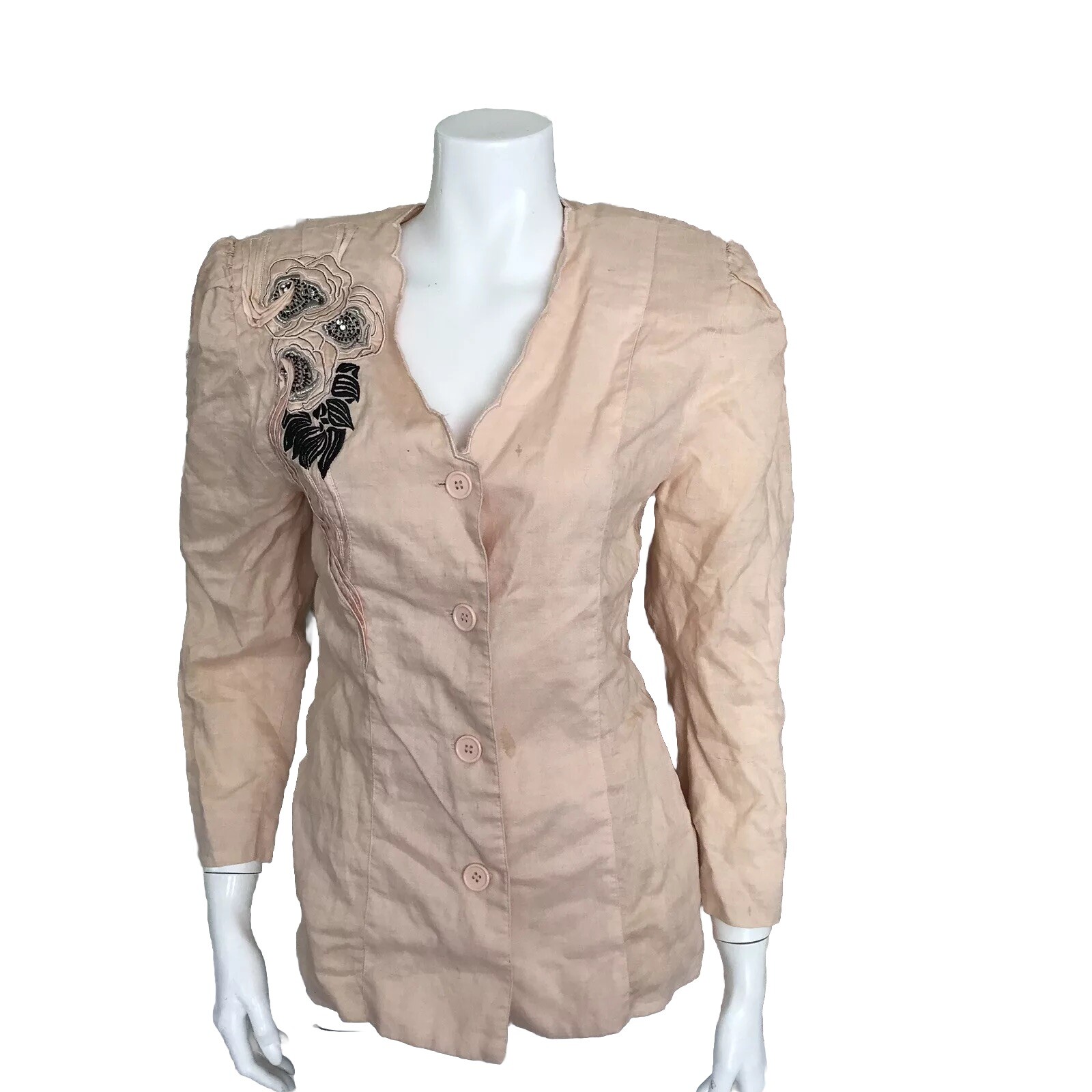 Vintage Pia Rucci Embroidered Floral Coral Buttondown Blouse Top 1980s 80s SZ 8