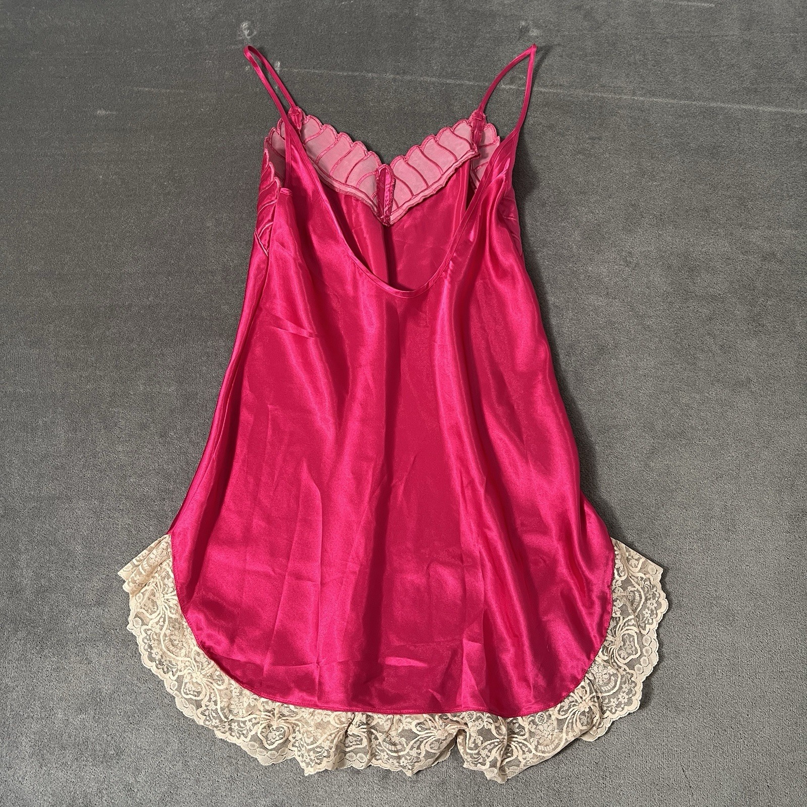 Vintage Magenta Hot Pink Satin Feel Slip Dress with Embroidered Details Sz L