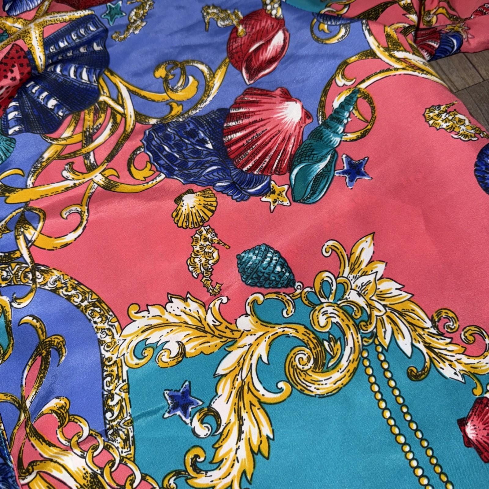 Vintage 80s Eva Silky Blouse Button Up Sea Shells Golden Treasure Size 15/16 XL