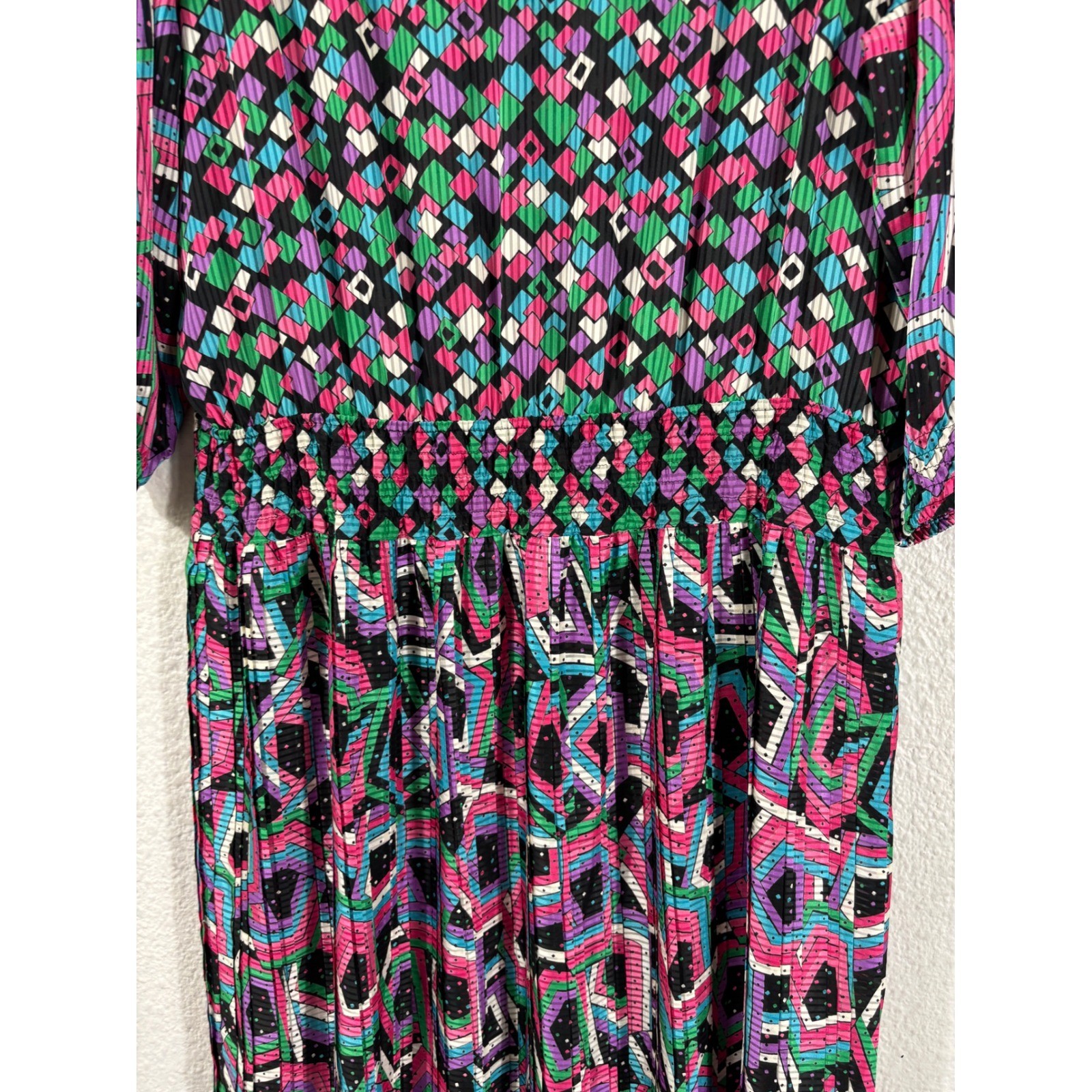 Mayeelok Midi Dress Womens Size Large Multicolor Vintage 80s Geometric Pleated