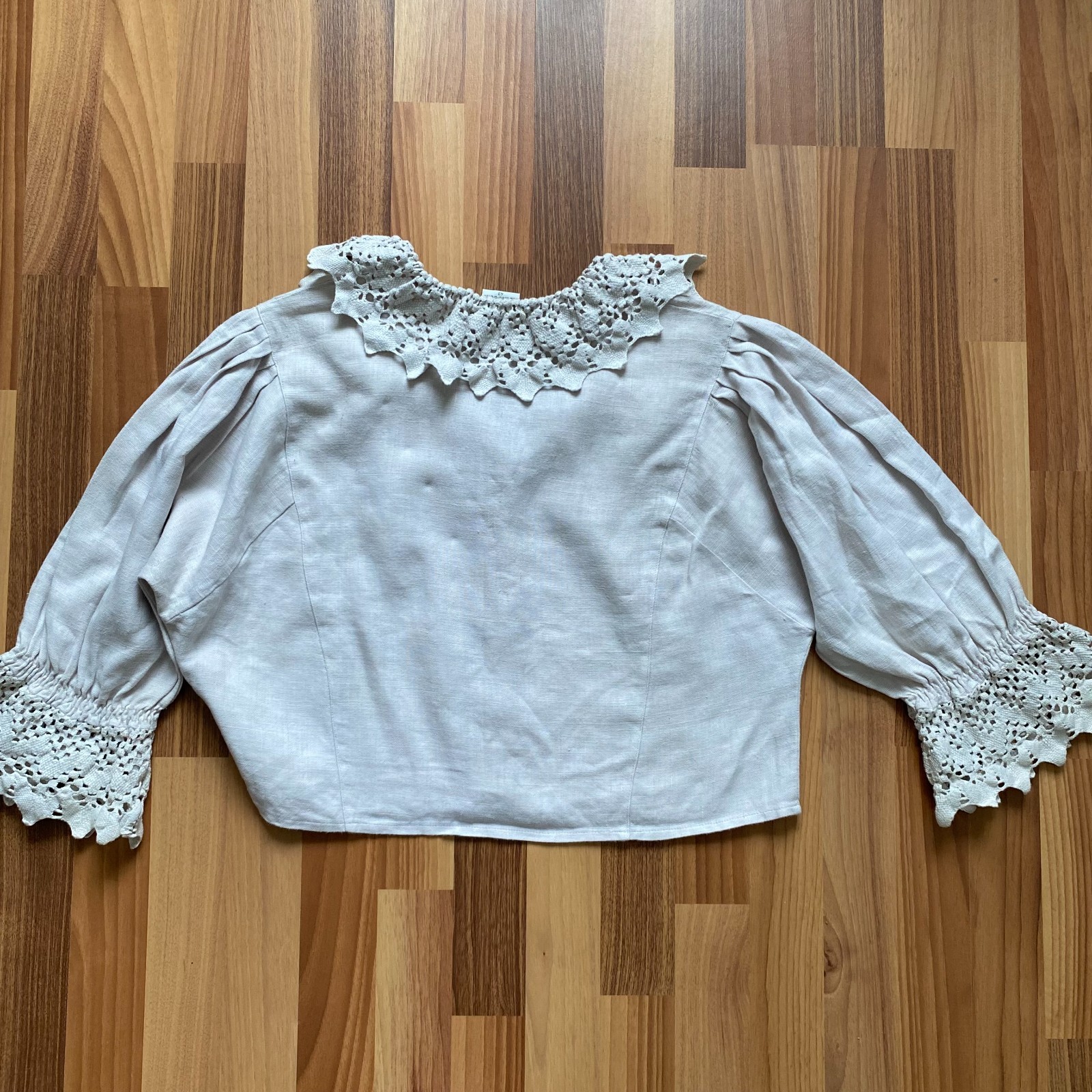 HESS FRACKMANN Linen Blouse Button Front Peasant Folk Edwardian Puff Sleeves 42