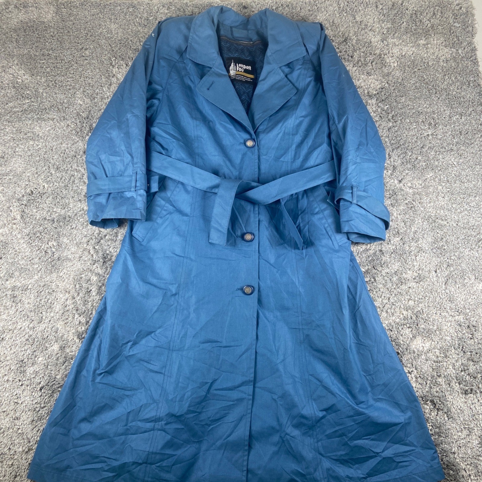 Vintage London Fog Trench Coat Womens 10 Pet Blue Belted Rain Jacket Lined USA