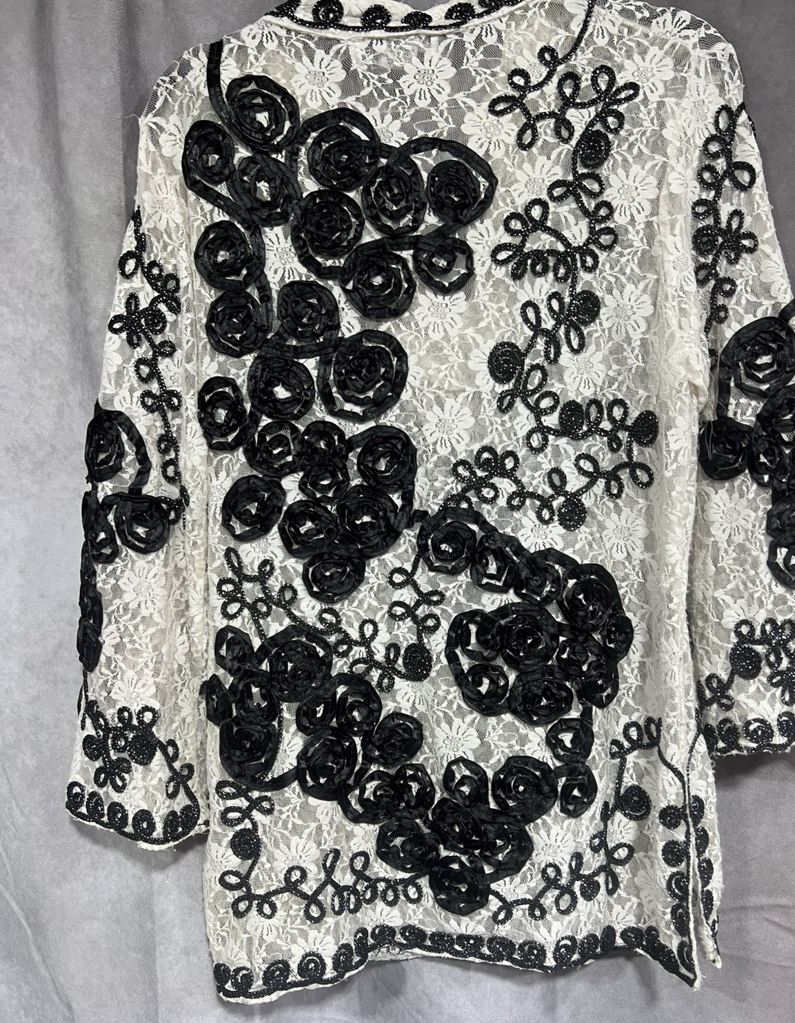 Lauren Michelle White Lace Top Black Ribbon Roses Soutache Metallic Embellished