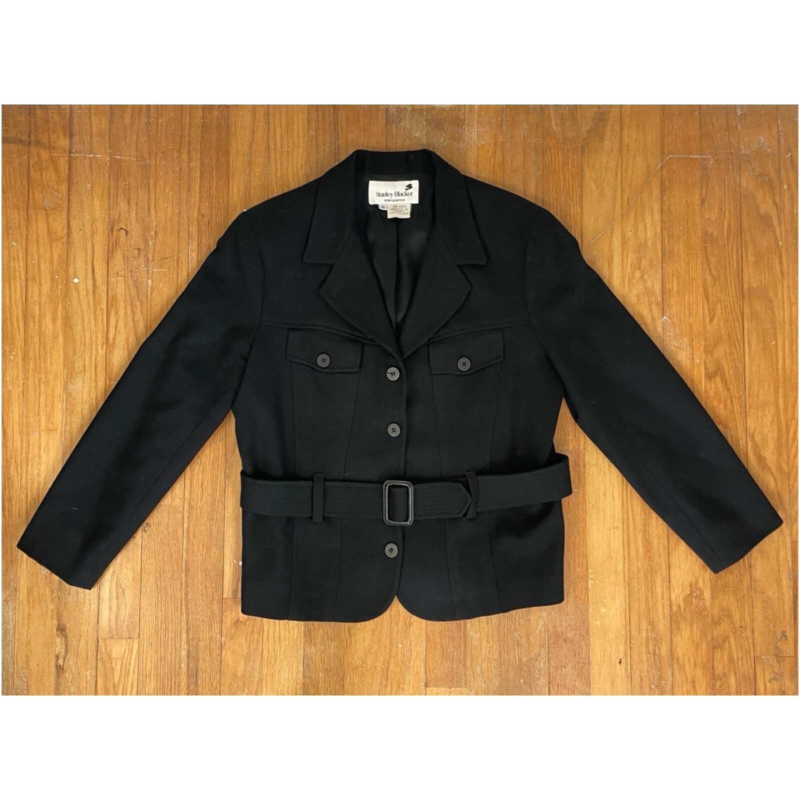 Vintage Black Wool Blazer Size Small (6) 1980s Stanley Blacker Belted Jacket