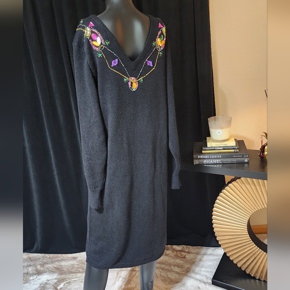 PLAIN JANE VINTAGE JEWELED SWEATER DRESS BLACK LARGE