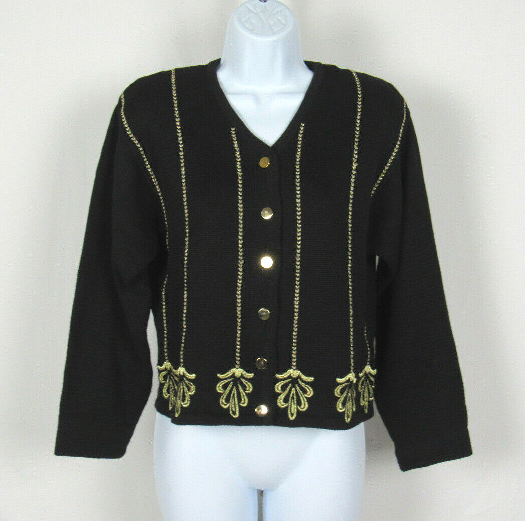 VTG 1980s LISE J. BLACK COTTON RAMIE MEDIUM GOLDEN EMBROIDERY GOLDEN BUTTONS