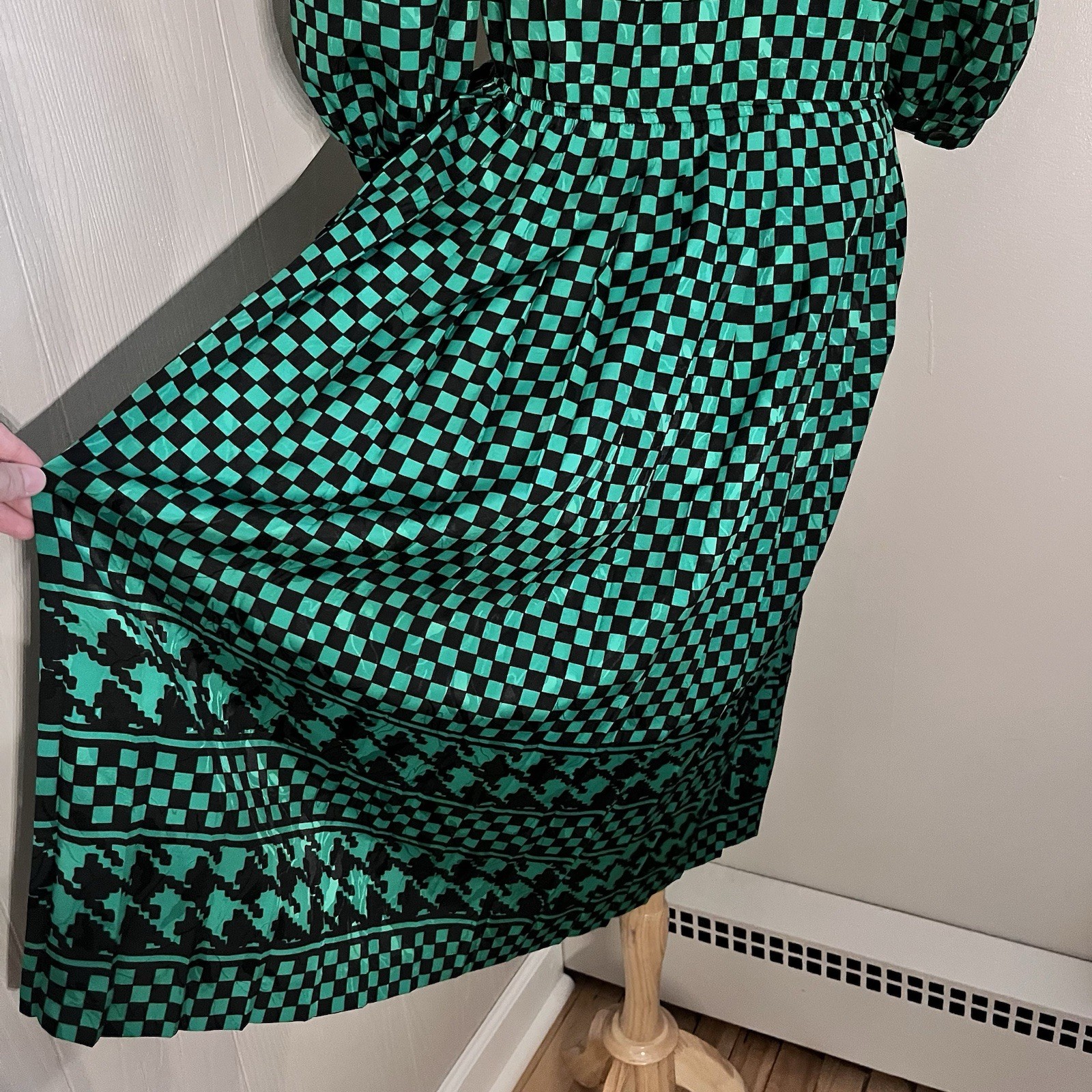 Jaymee Papell Vintage 80’s Green Checkered Dress Cinch Waist Sz 6