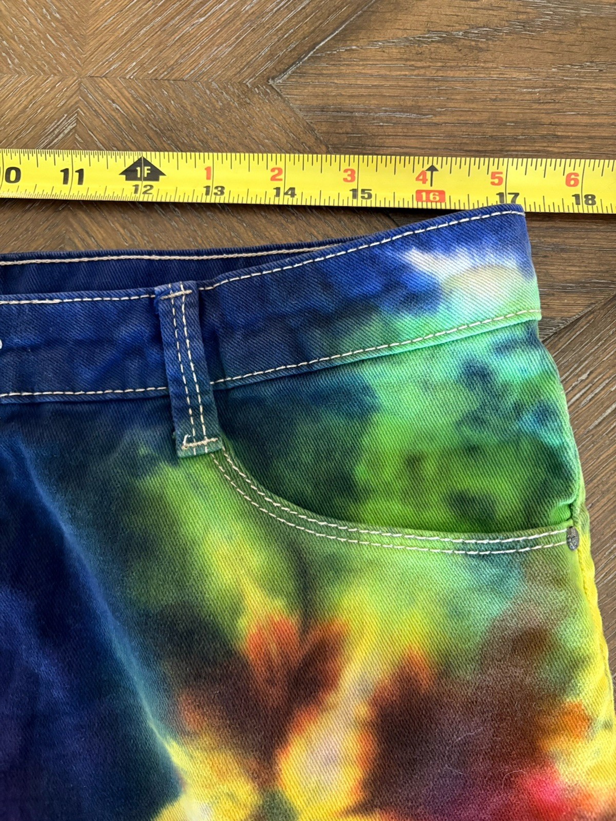Tie Dye Denim Lee High Waist Shorts 14 Purple Blue Pink Green Hippy Retro