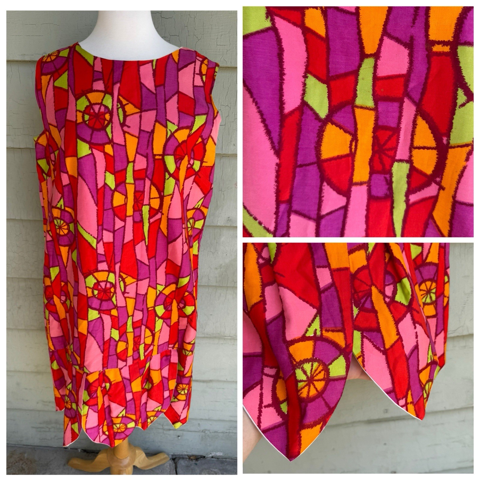 Vtg 60’s Boutique MOD Dress Colorful Pink Red Purple Geometric Japan Cotton 18