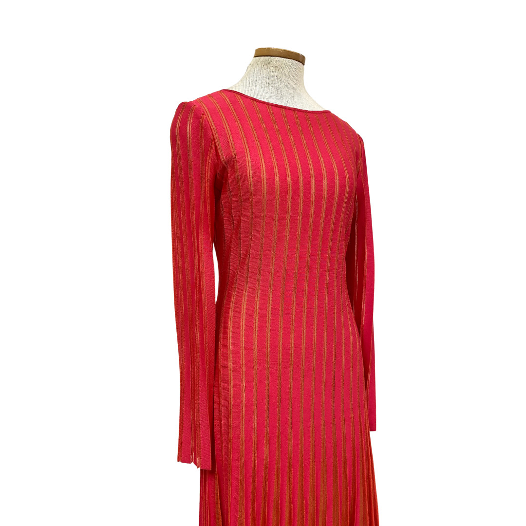 2021 St. John Magenta Pink Hot Pink Pleated Knit Luxury Scoop Back Maxi Dress