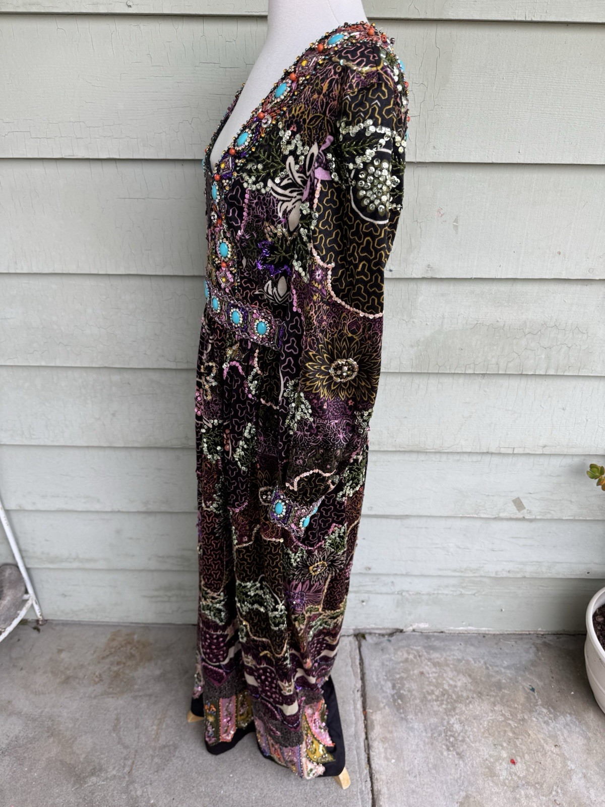 70’s Valentina Ltd Embellished Maxi Dress 12 Boho Sequin Jewels Hostess Gown 28”