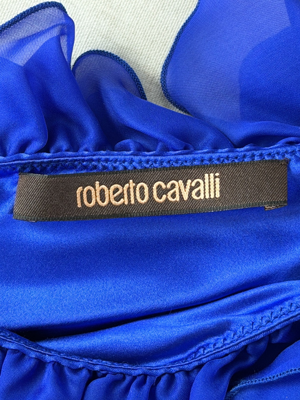 Vintage ROBERTO CAVALLI One Shoulder Silk Dress 46 10 US Blue Ruffle Detail