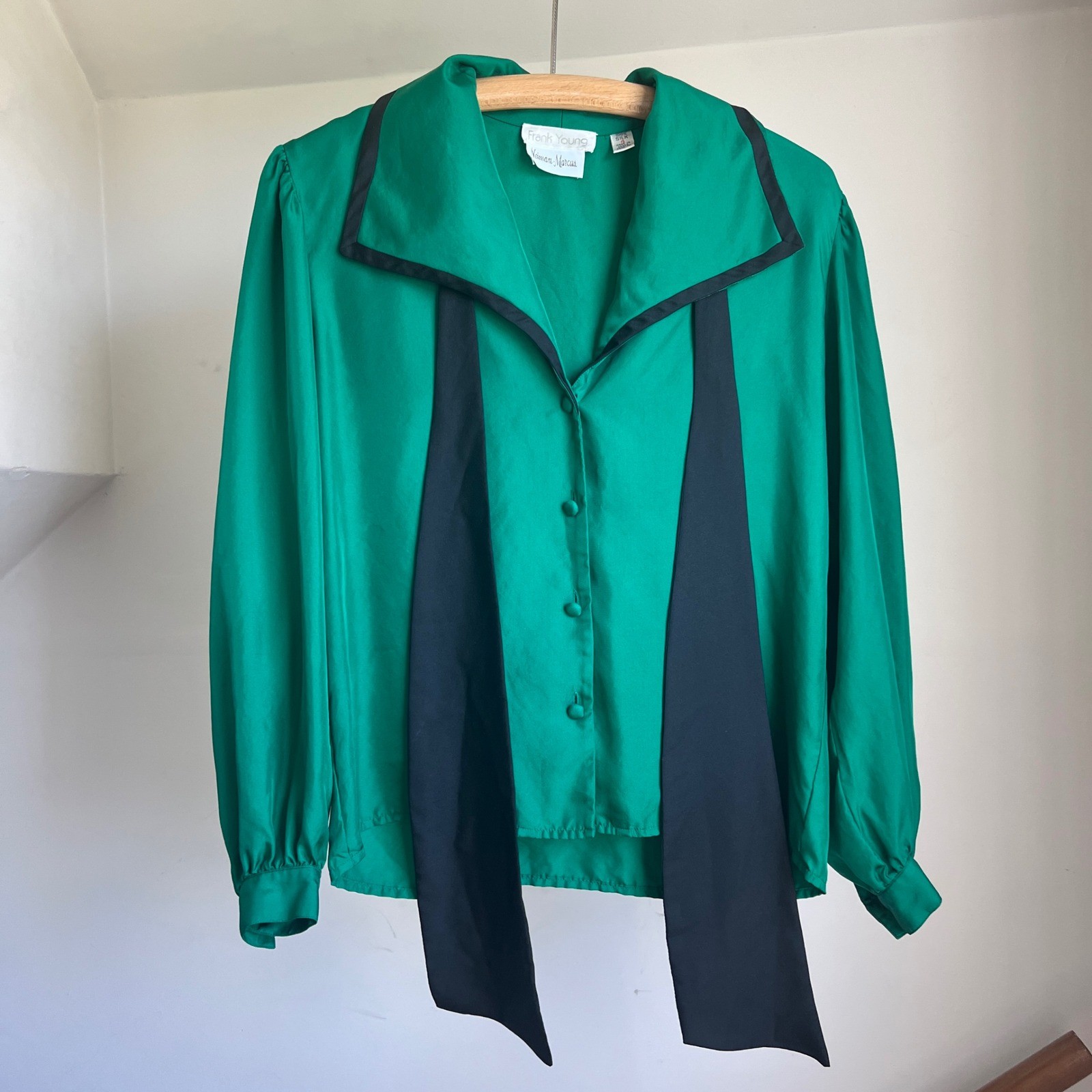 Vintage Frank Young Silk Blouse Emerald Green Scarf Tie Button Up 80s Frenchgirl