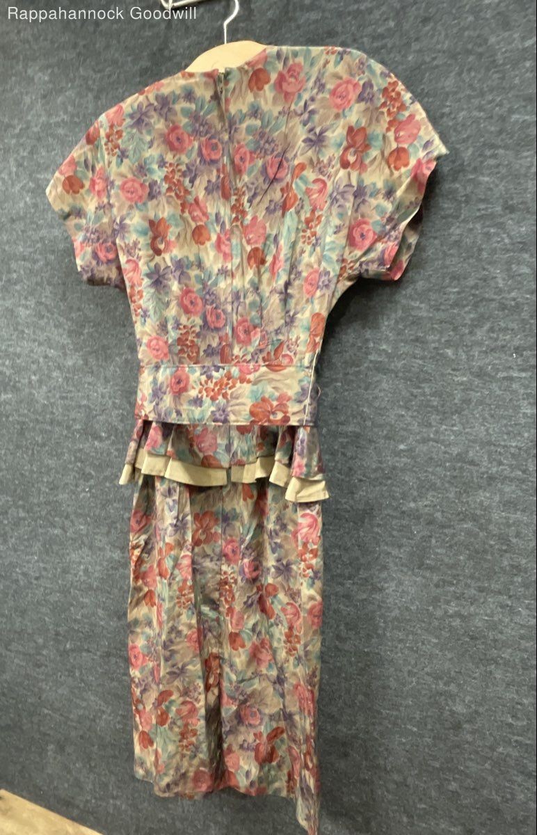 Vintage 80s Dawn Joy Fashions Women’s Multicolor Floral Peplum Belted Dress