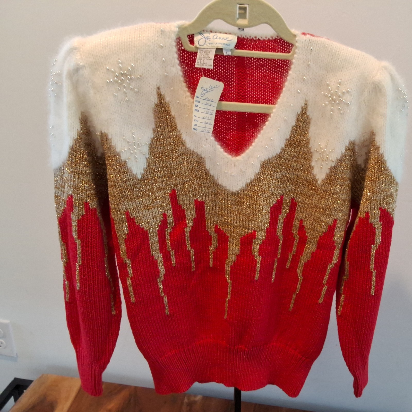 VTG 80s Glam Angora Beaded Sweater L Ivory Pearl Embellished Puff Sleeve