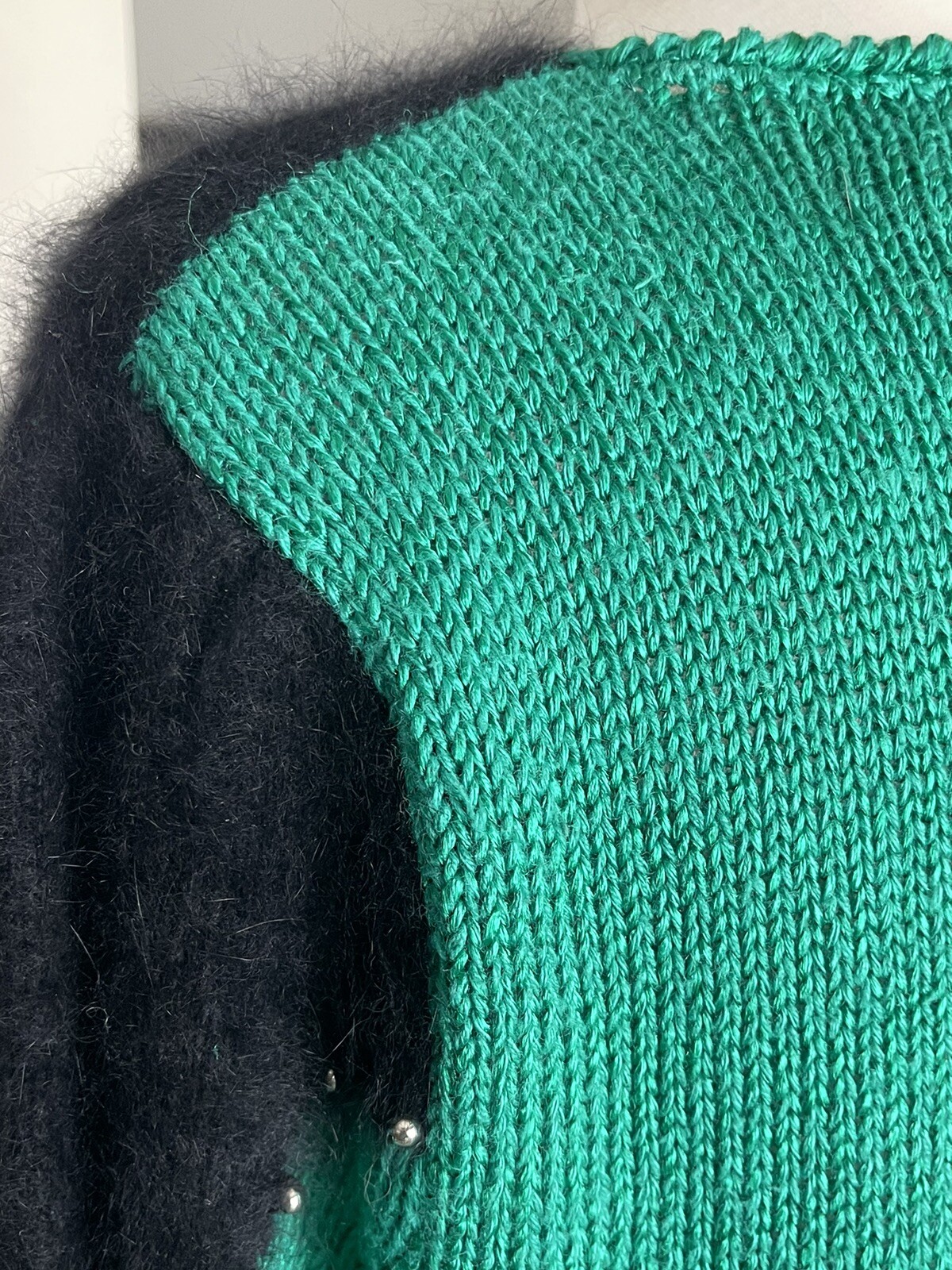 80s VTG ANGENIE Sz L Beaded Green Black Ramie Rayon Cotton Angora LS Sweater