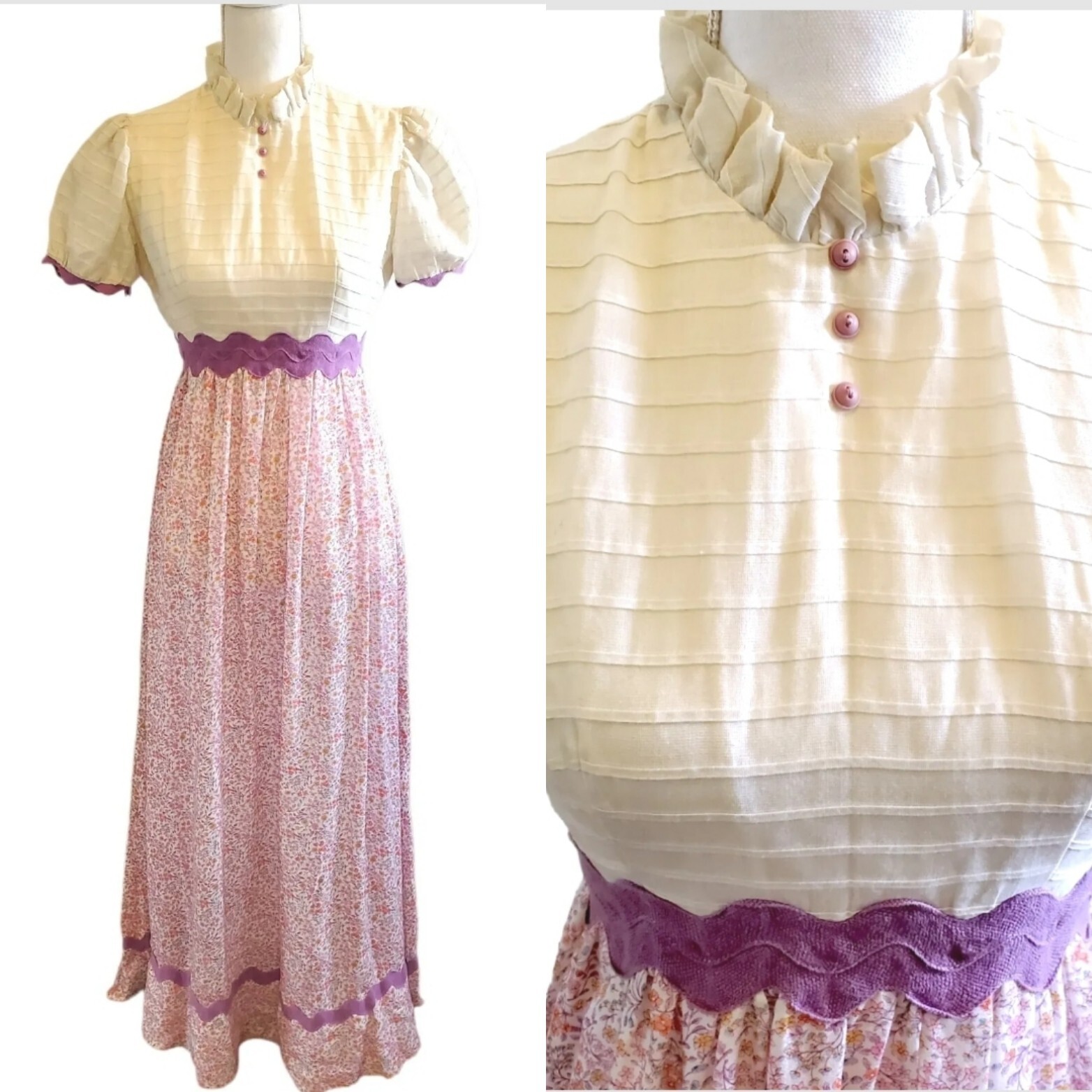 Vintage 70s Peasant Prairie Maxi Dress Floral Long Cottage Core Purple Small 4 6