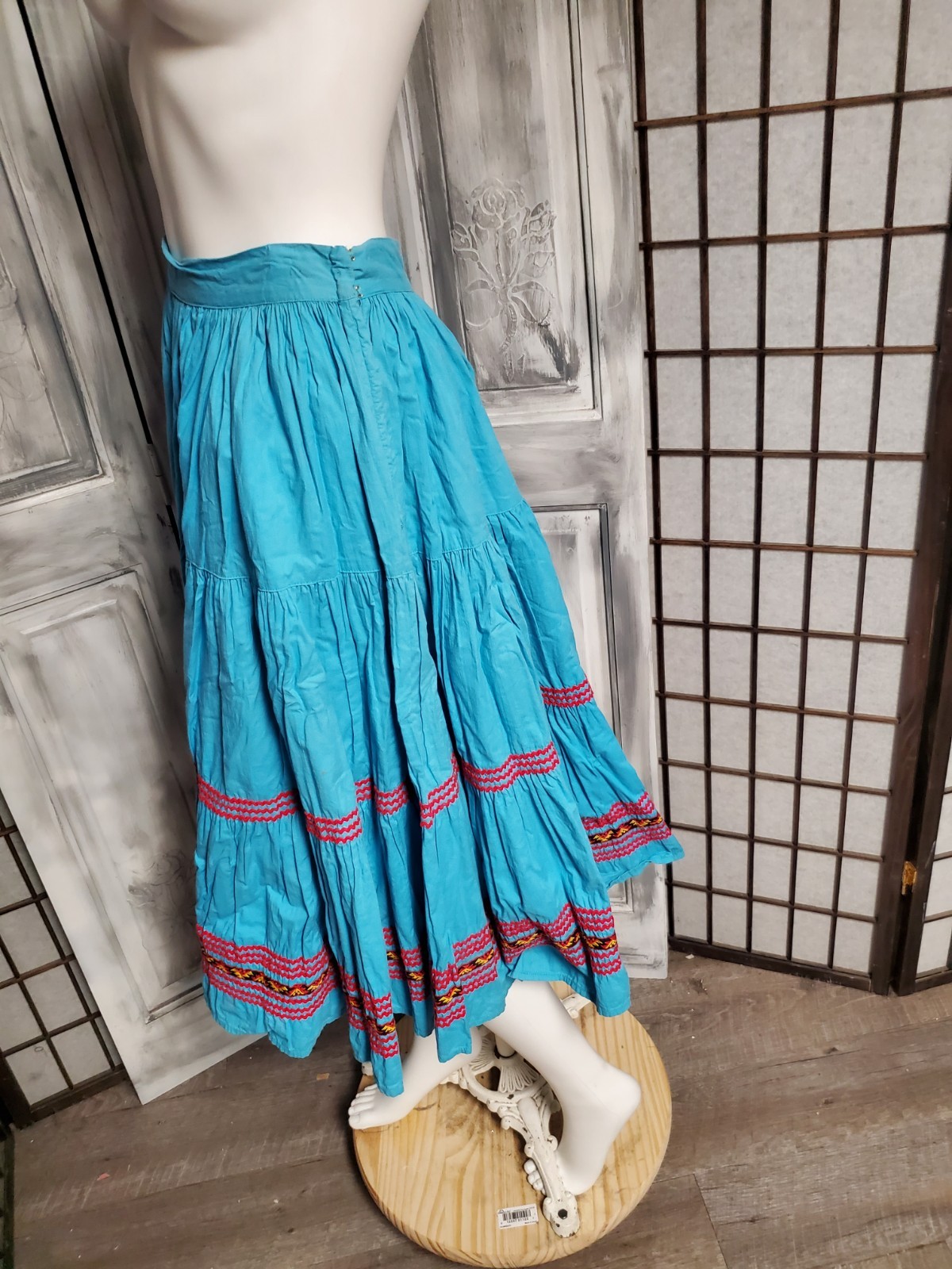 XS Vtg Mexican Patio Peasant Dress Skirt Ric Rac Trim Full Circle 50s Western