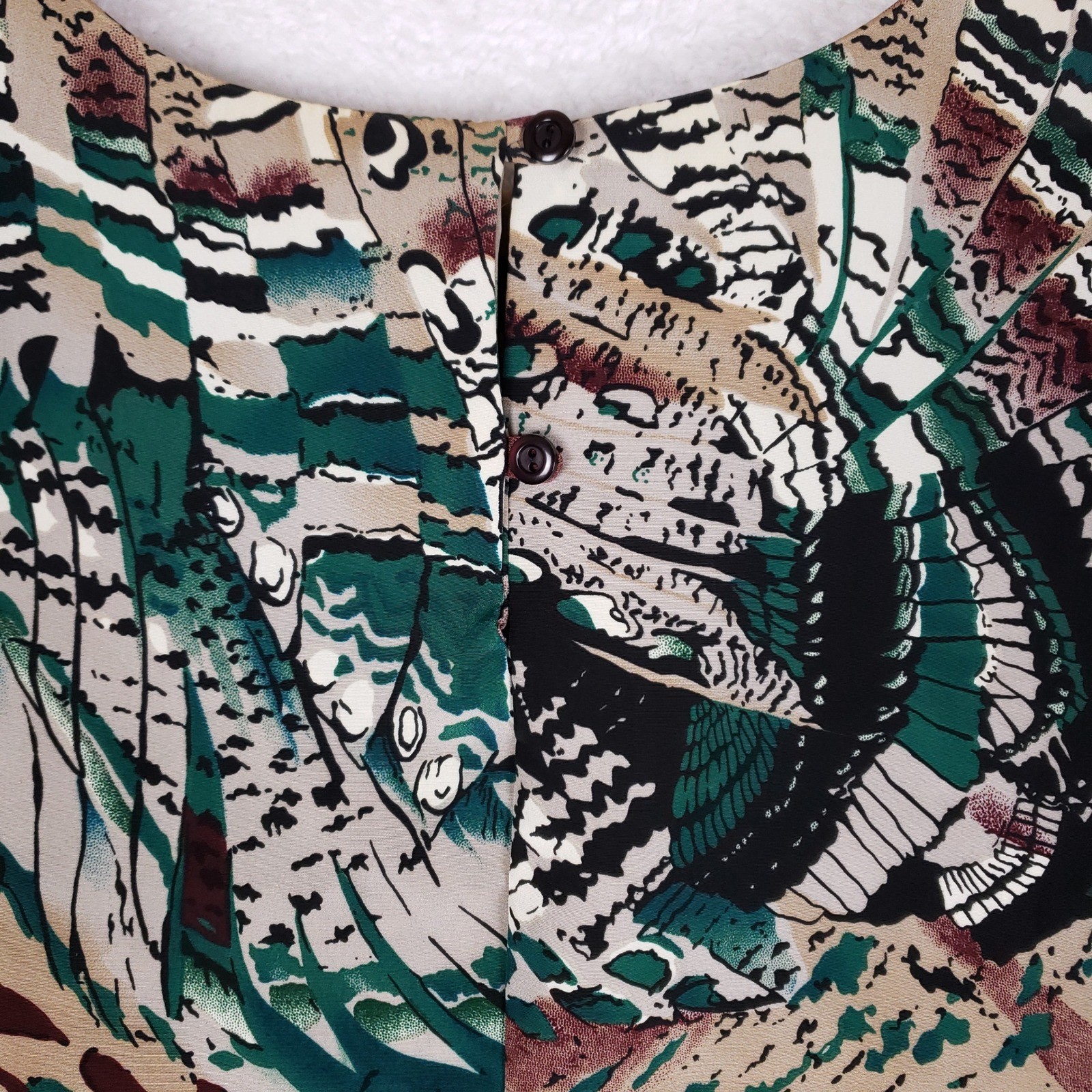 Vintage Caviar 80s Abstract Feather Print Boxy Blouse Green Tan Size L USA Made