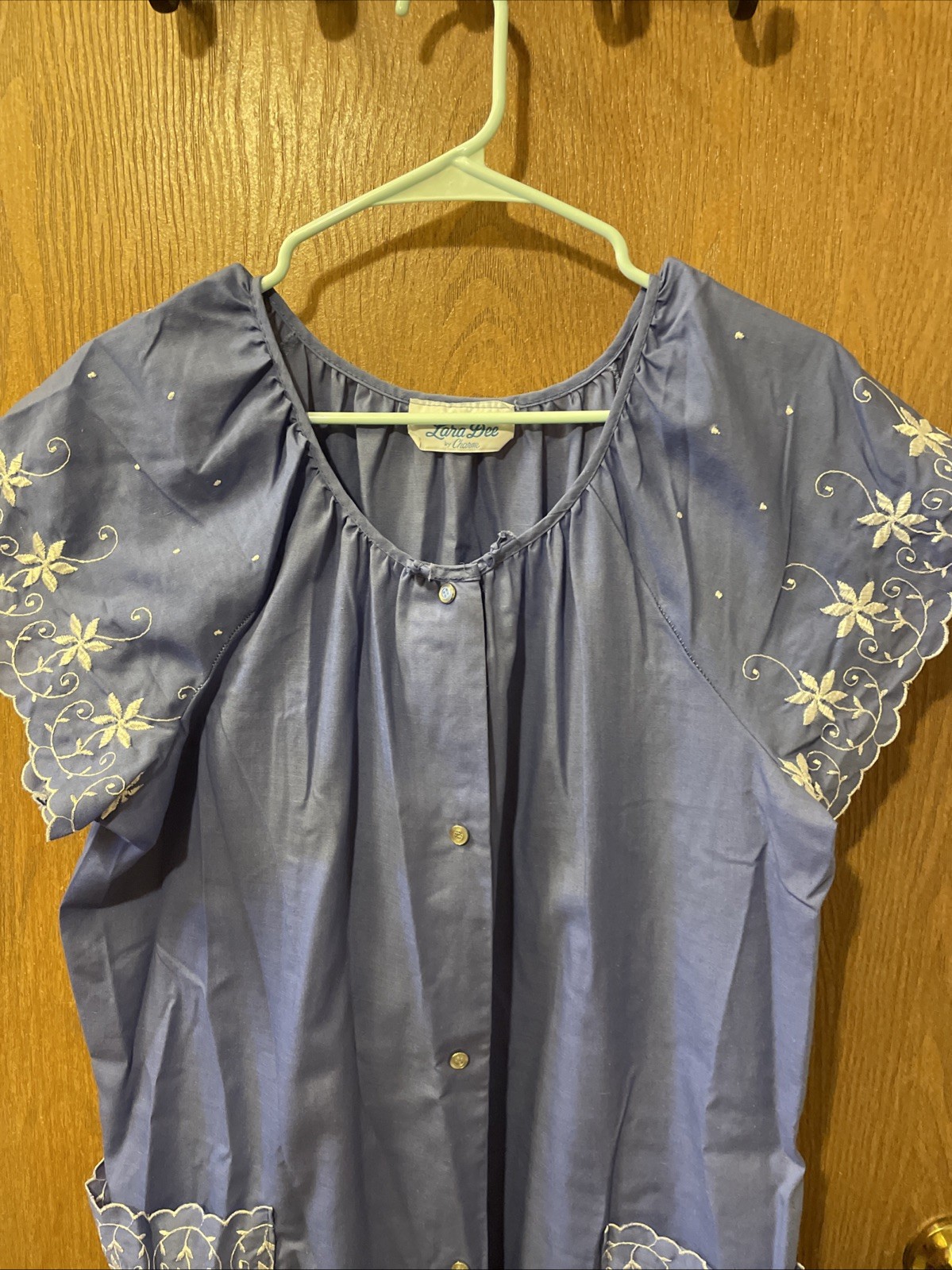 VTG Lara Dee Duster By Charm Blue w/Embroidery large pockets light weight 70’s