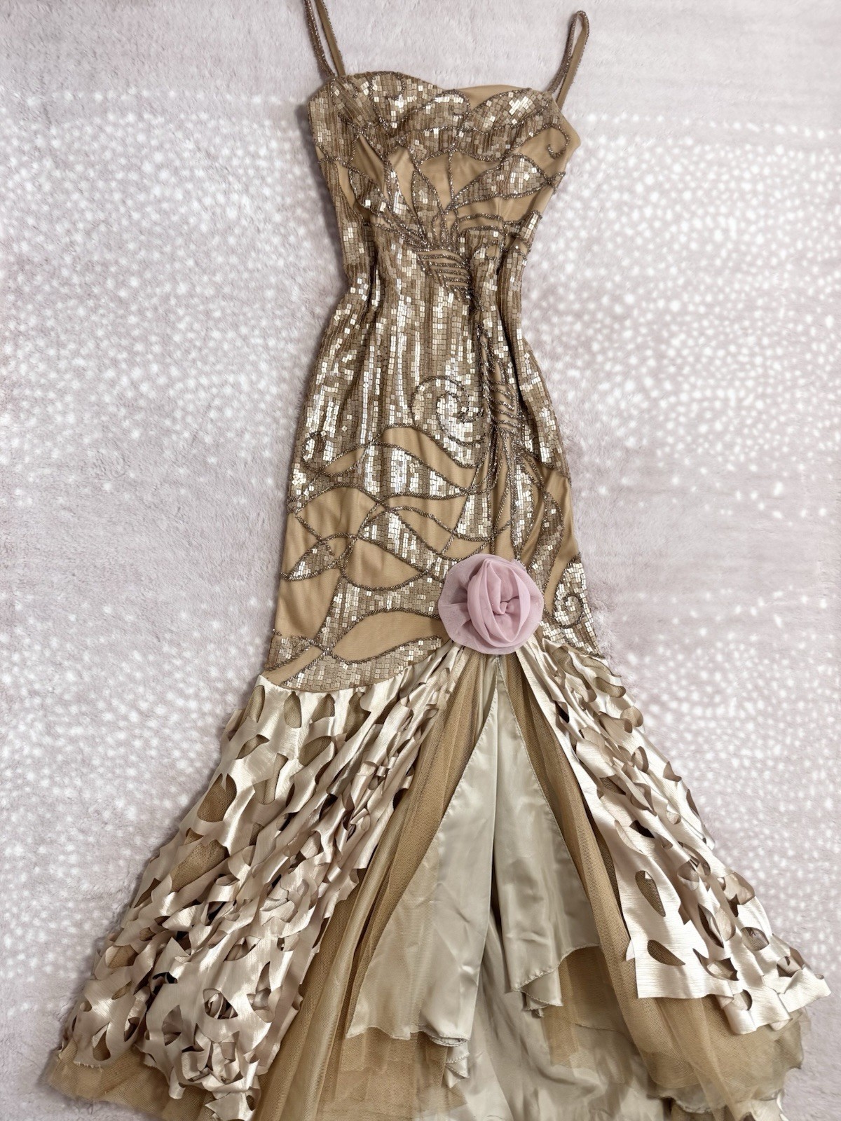 Vintage Gold Fairy Beaded Sequin Ruffle Mesh Vacation Princess Formal Gown Dress