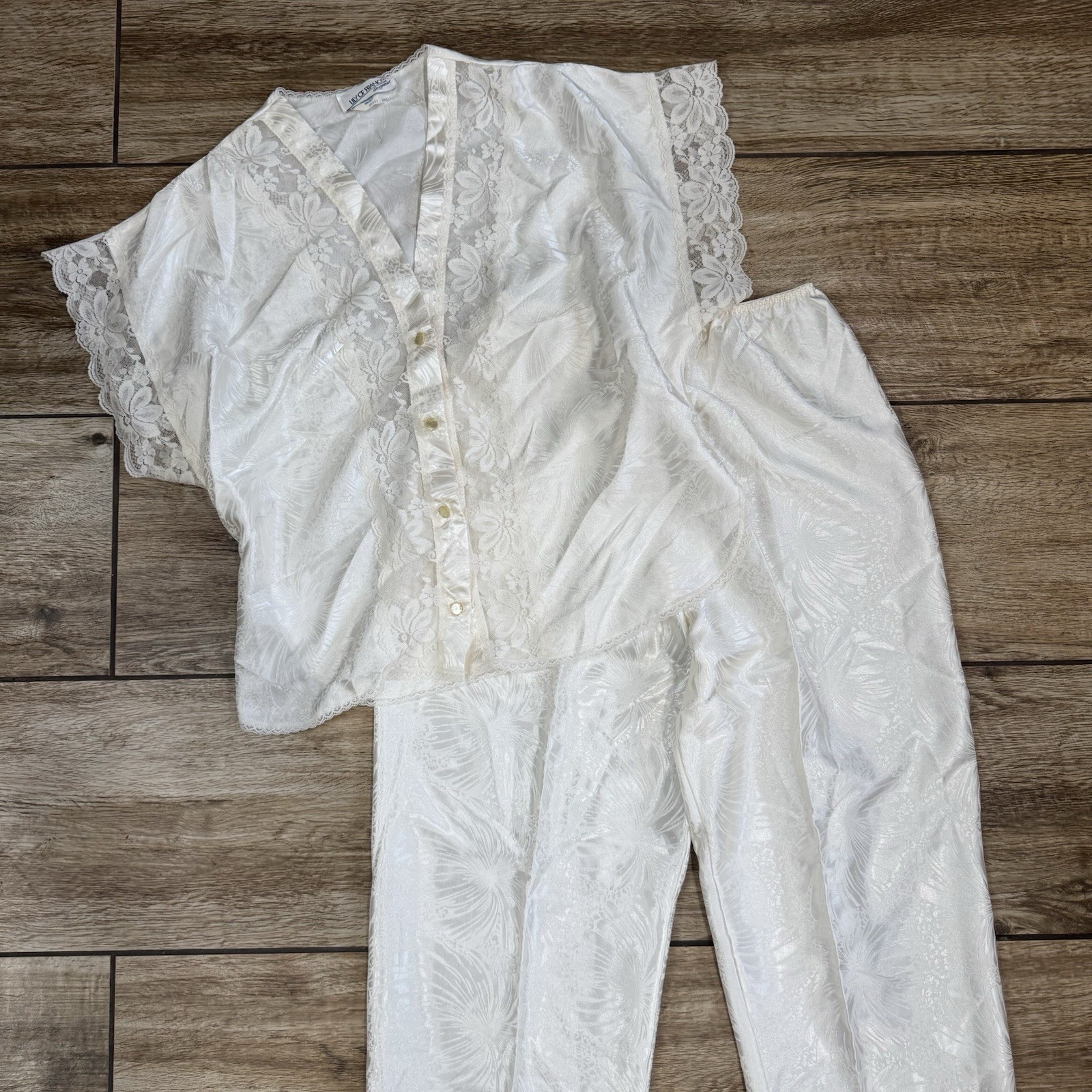 Vintage Lily Of France Sleepwear cream Silk Lace Pajama Top Pants Set