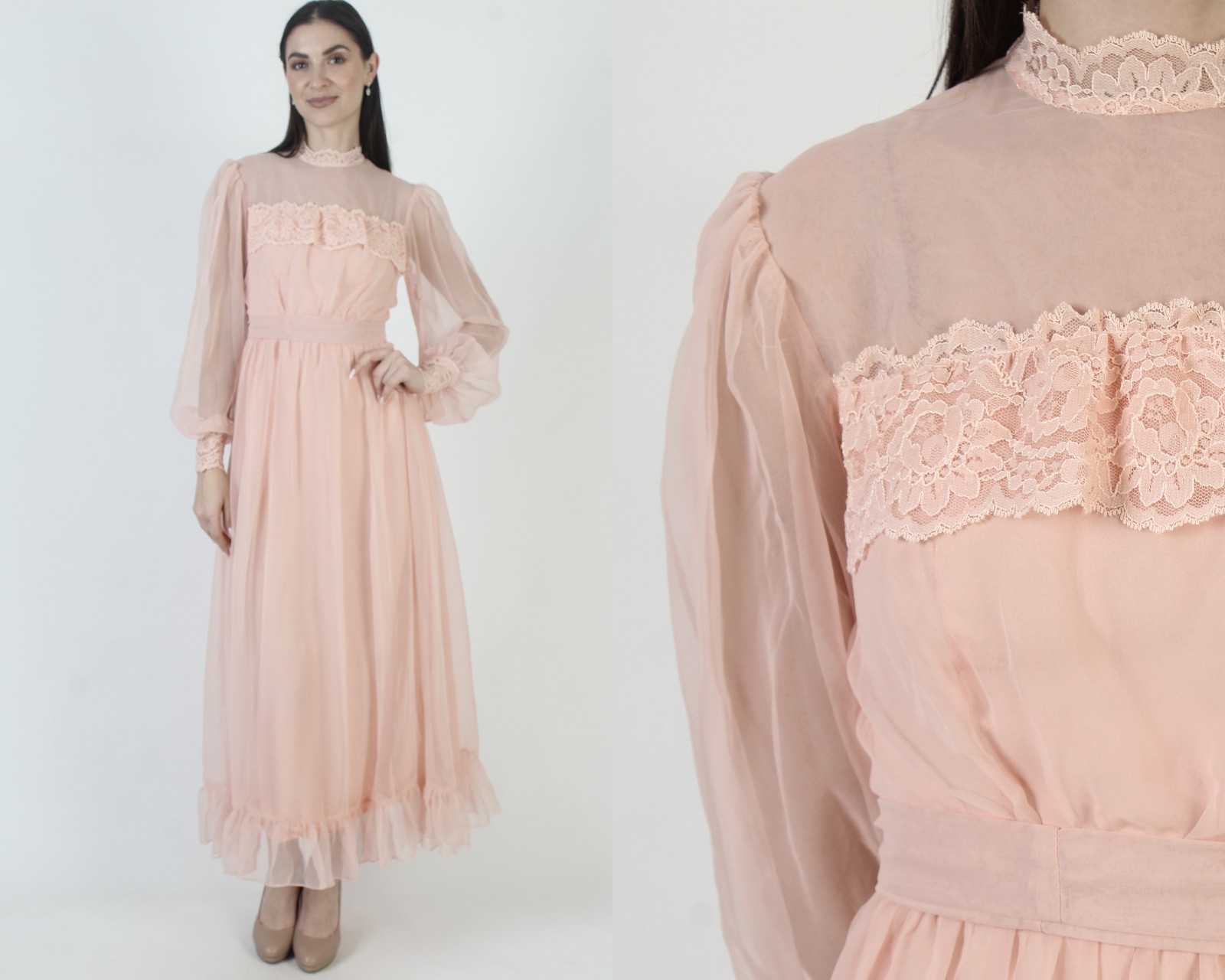 Vtg 70s Peach Chiffon Dress Sheer Lace Bridesmaids Victorian Tea Bridal Gown