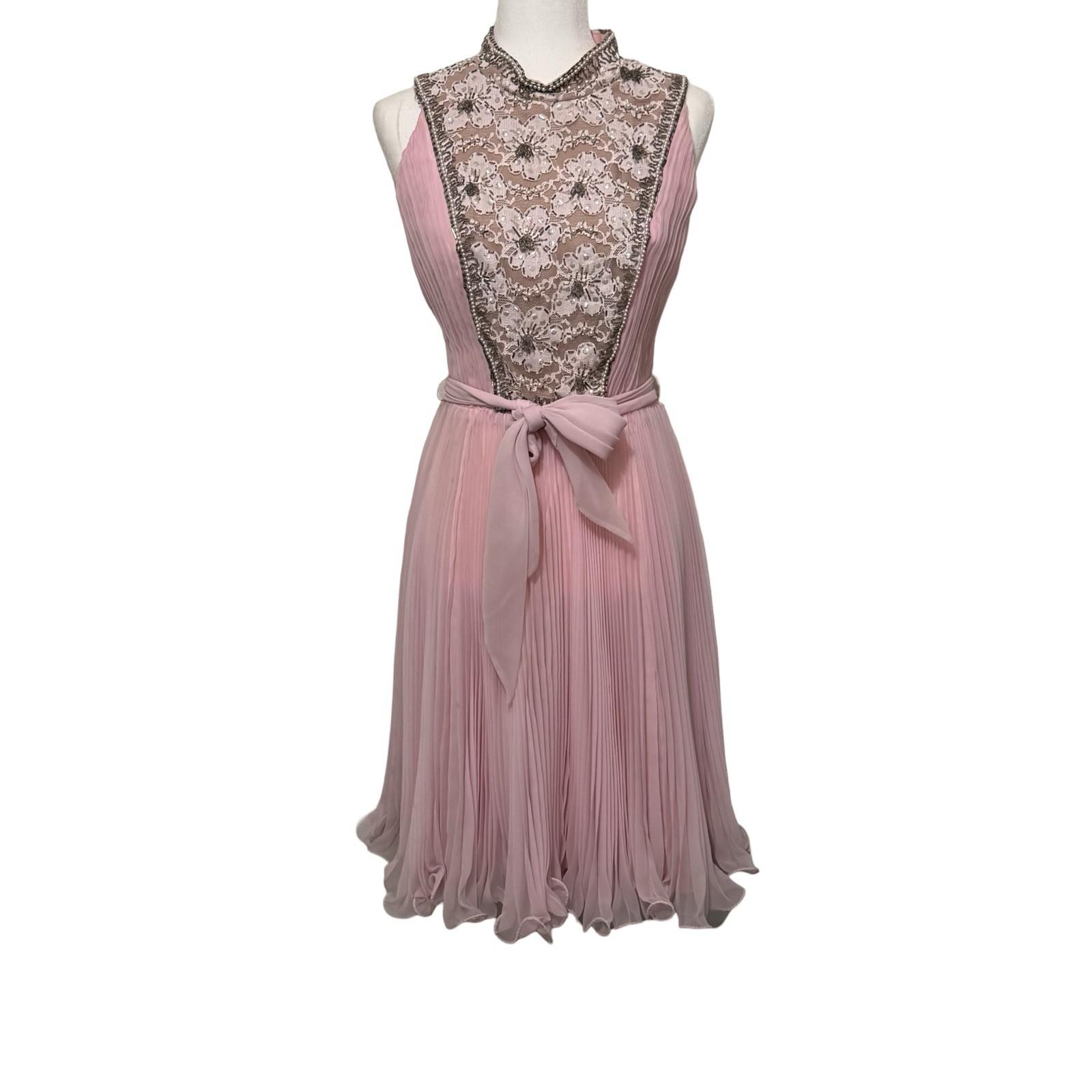 Vintage 60s Jack Bryan beaded chiffon dress size 10 (small) pink accordian pleat