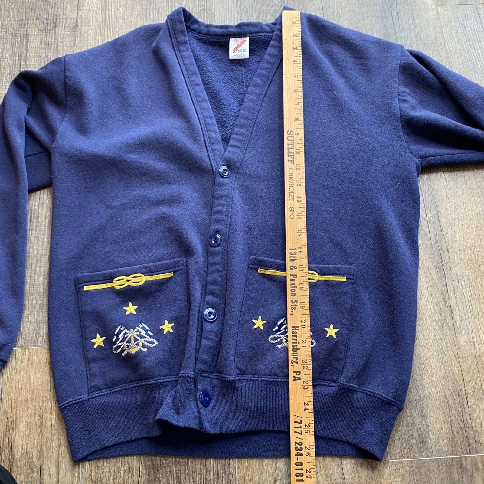 Vintage Jerzees Navy Blue Nautical Embroidered Cardigan Sweatshirt Made in USA