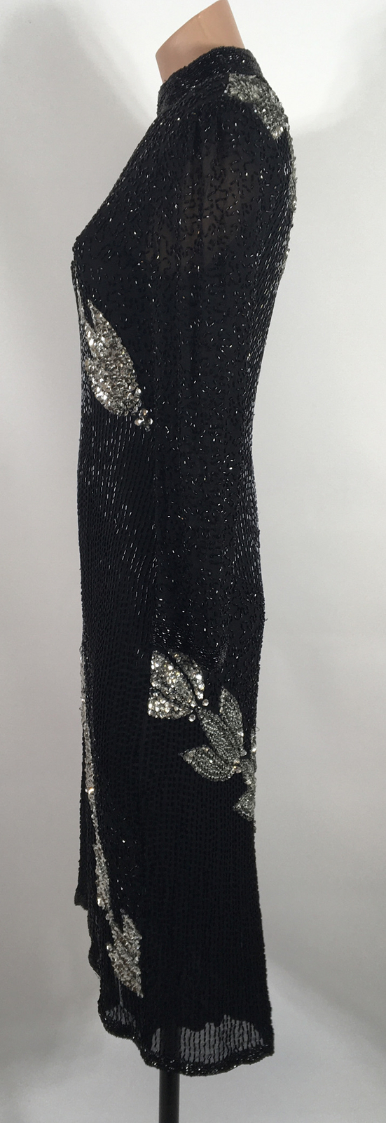 80s Silk Sequin Cut Out Dress Floral Beaded Long Sleeve By Sho Max sz M