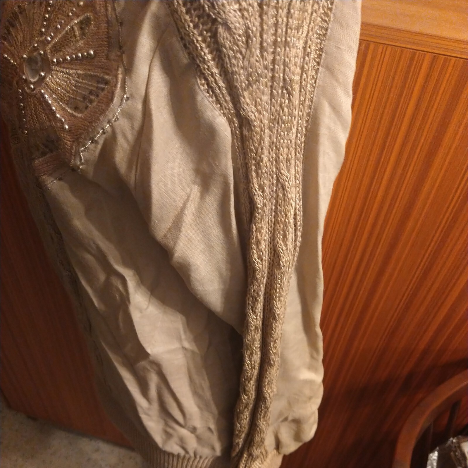 VTG 80s Suzelle Tan Sz M Sequin Beaded Embroidered Sweater