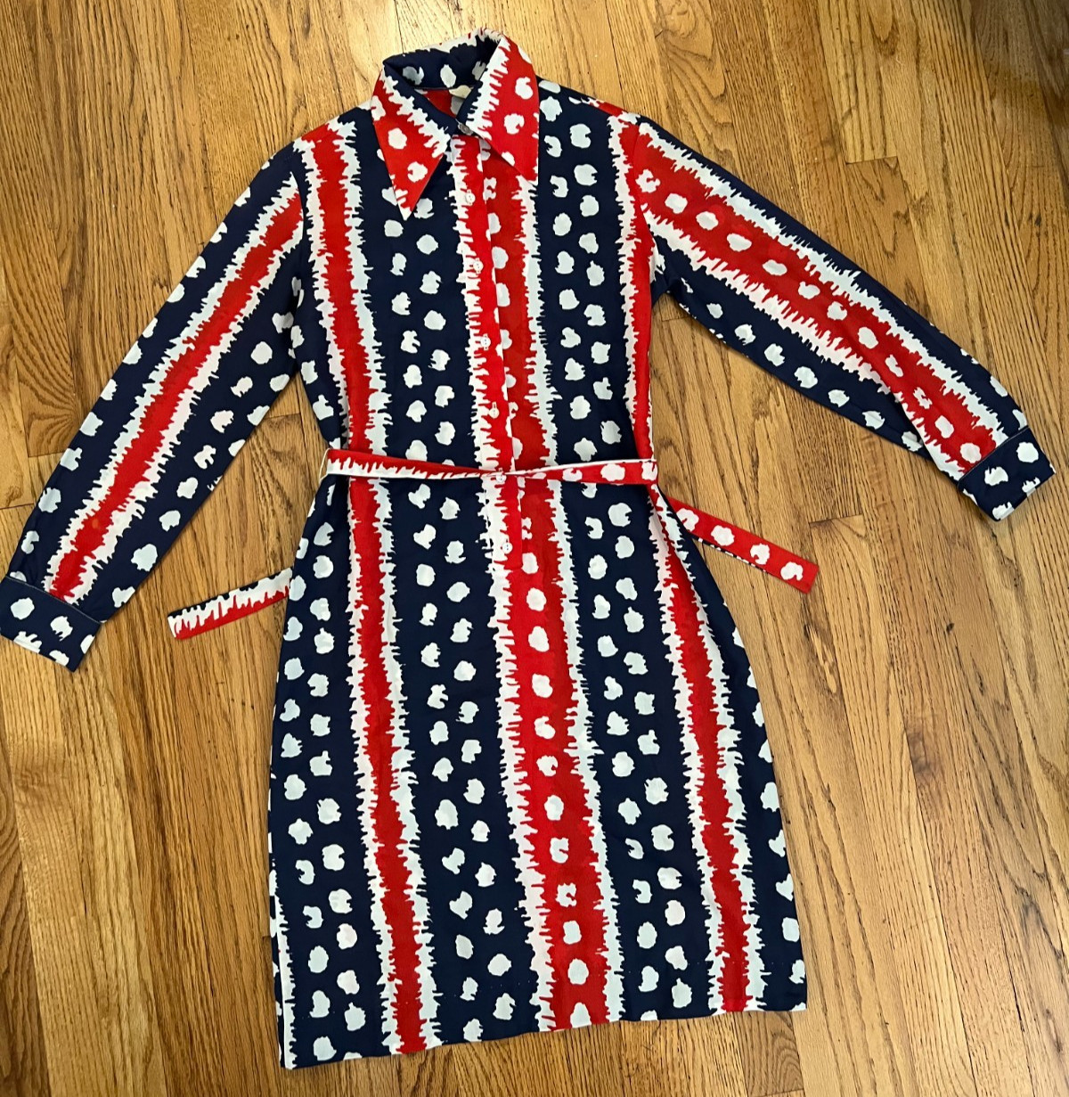 VTG 50s-60s Fritzi San Francisco Midi Dress Large Belted Wrap Tie Red/White/Blue