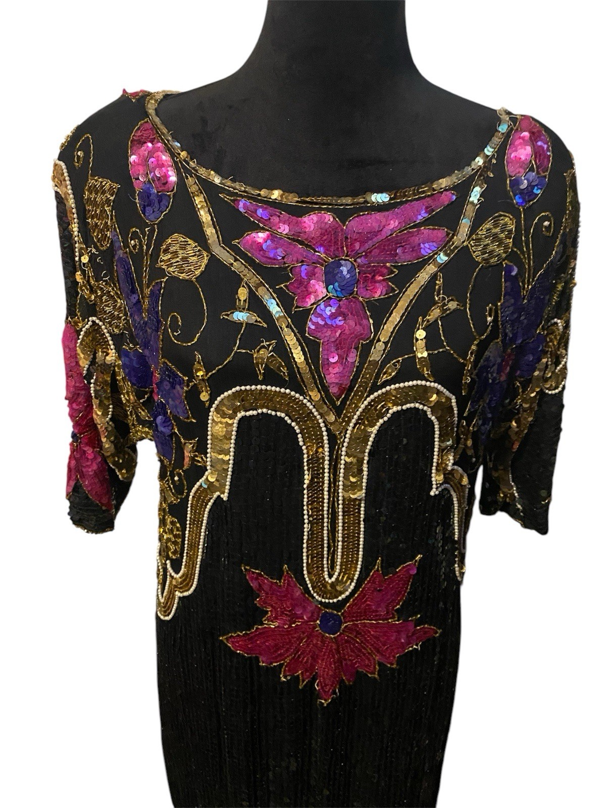 Vintage Chanson D’Amour Womens Dress sz L Black 100% Silk Sequin Beaded 80s
