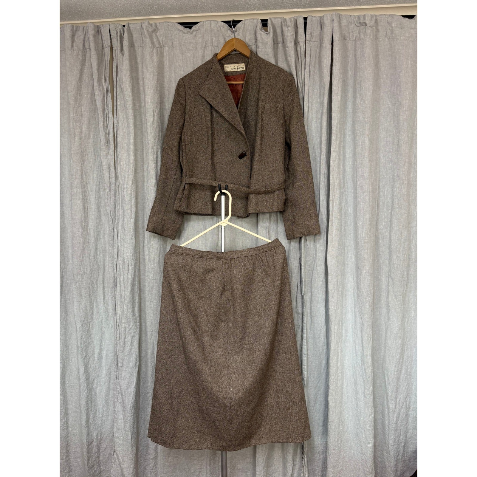 Vintage Bert Newman for Suitime Wool Tweed Skirt Suit Set Brown ILGWU USA Made