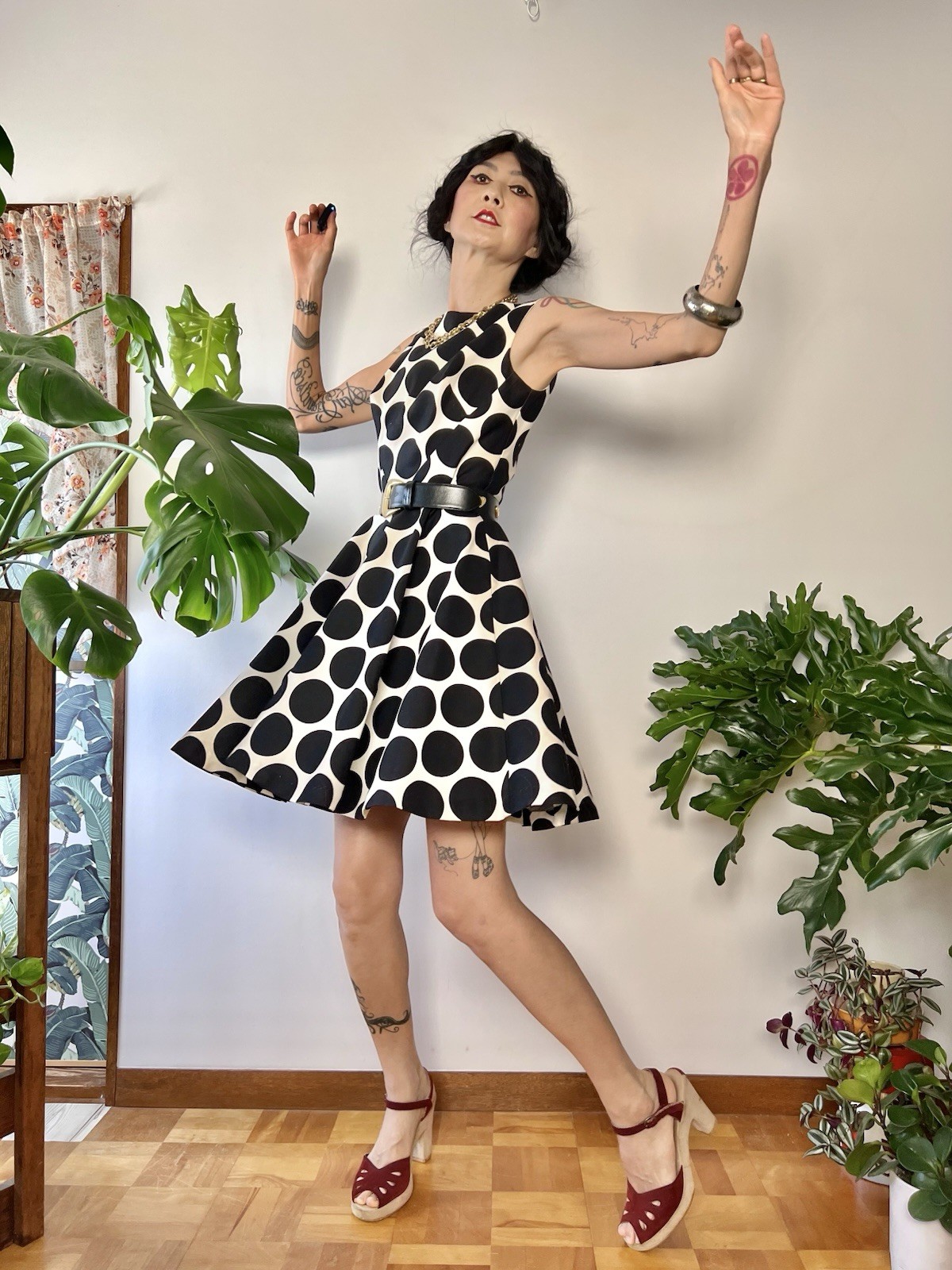 VTG 60s does 50s SABA CA Polka Dot Circle Skirt Dress Bullet Bust Mod S/M